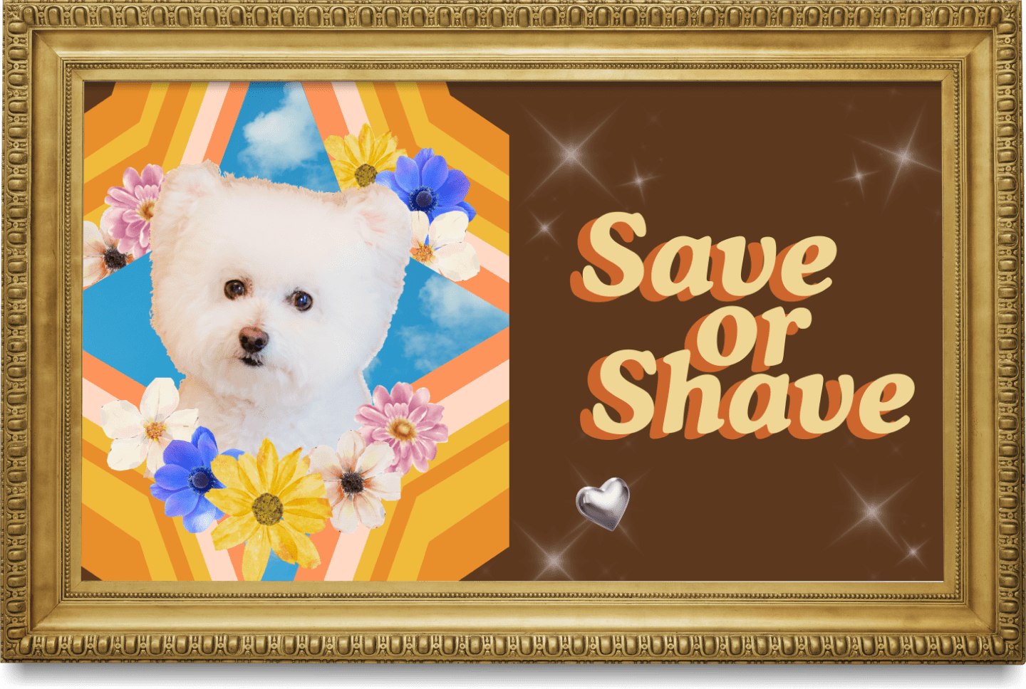 Artwork of a white dog with a floral border on a background with geometric patterns, alongside the text "Save or Shave" on a brown background with sparkles and a small silver heart.