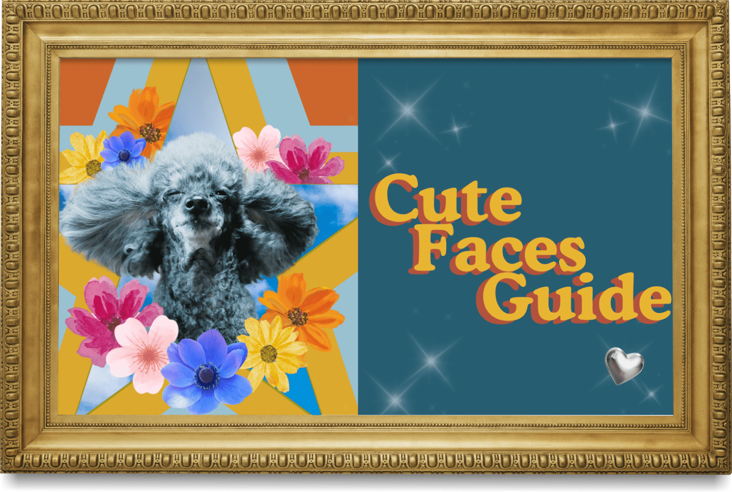 A framed cover titled 'Cute Faces Guide' featuring a gray poodle dog with long ears surrounded by colorful flowers, against a background with a starry blue sky and geometric shapes.