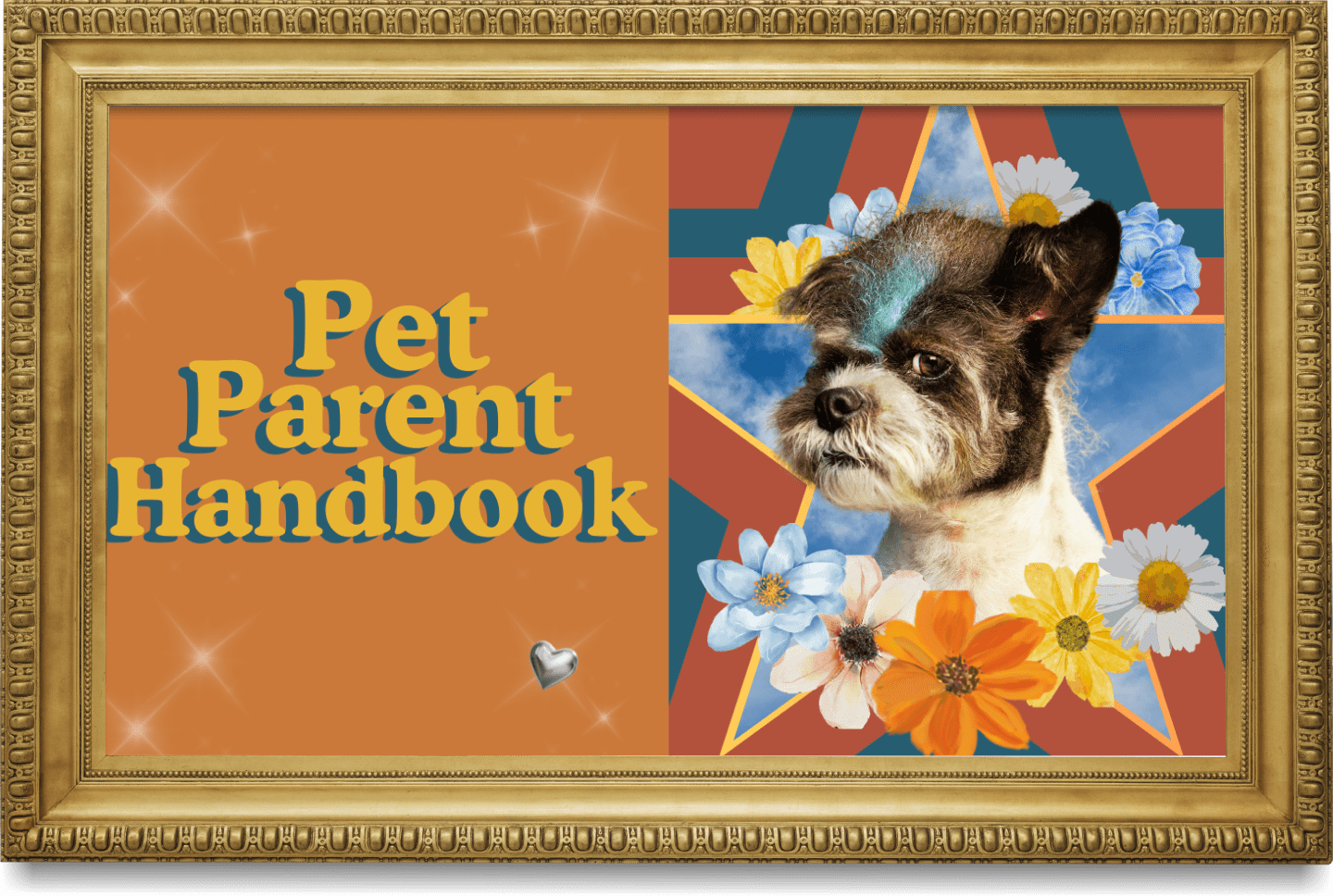 A decorative framed cover of a Pet Parent Handbook featuring a small dog, flowers, and a colorful background.