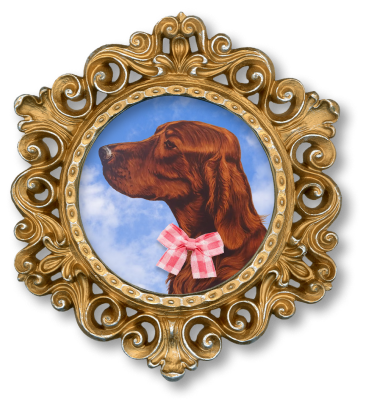A framed portrait of a brown dog with a pink checkered bow tie, set against a blue sky background.