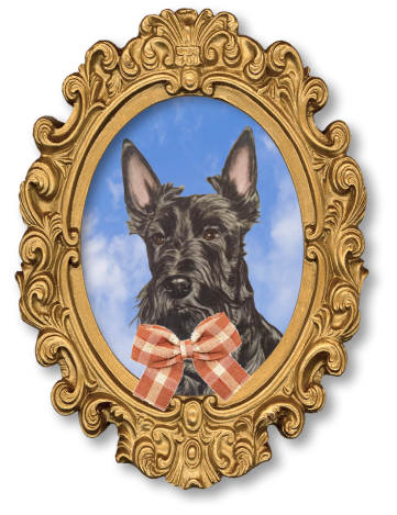A portrait of a black dog with pointy ears and a pink checkered bow tie, in an ornate gold frame, with a blue sky and white clouds background.