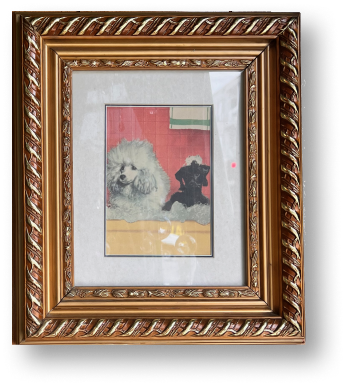 A framed illustration of two dogs, one white and fluffy, and one black and tan, on a multicolored background.