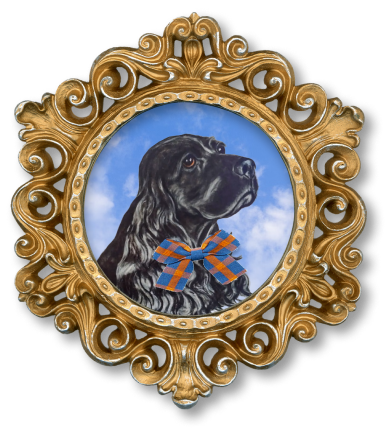 Decorative gold frame with a portrait of a black dog wearing a bow tie inside.