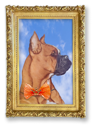 Painting of a dog with a bow tie inside a gold ornate frame, set against a blue sky background.