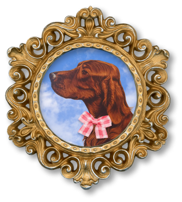 Portrait of a brown dog with a pink checkered bow, framed in an ornate gold frame with a blue sky and clouds background.