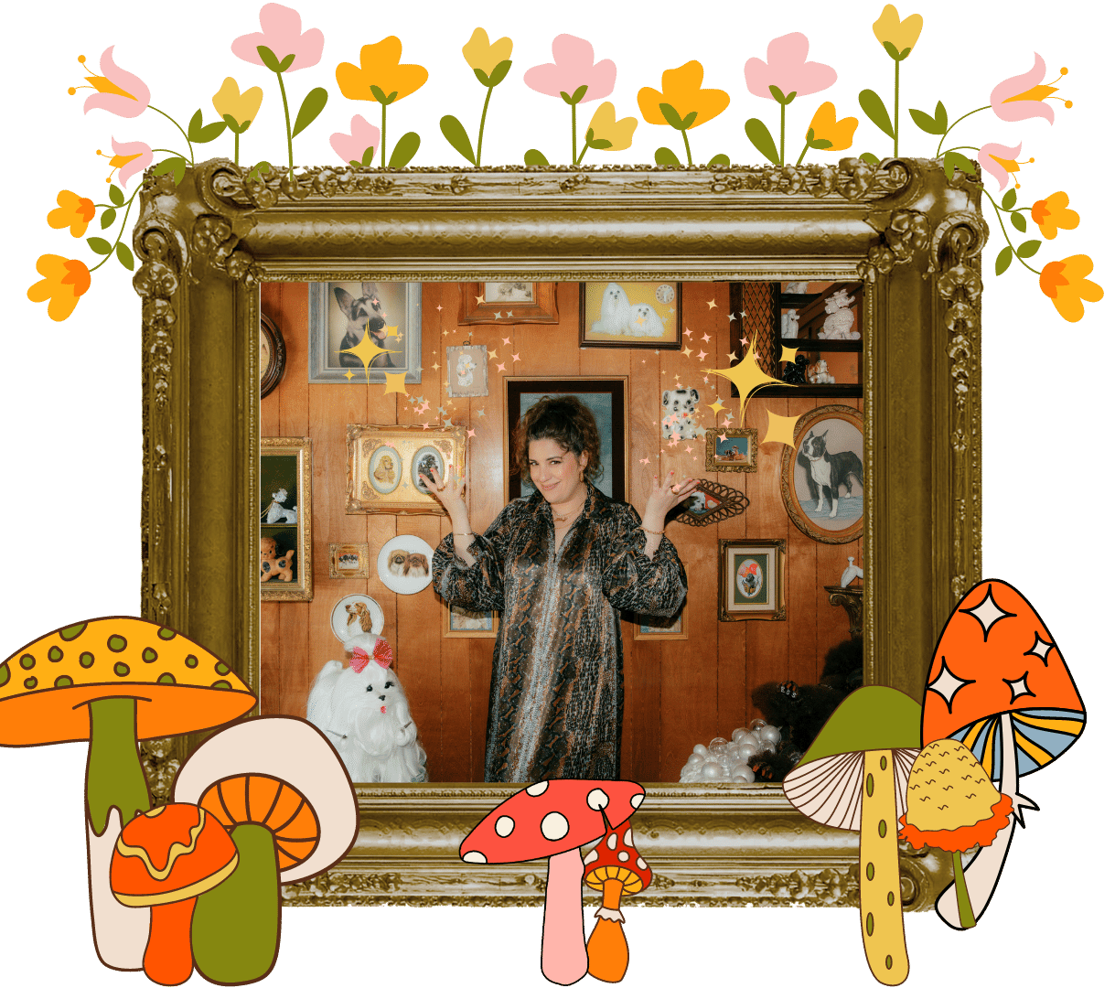 A woman in a patterned dress standing in front of a wooden wall filled with framed pictures of animals, with a decorative shelf and ornaments. She is inside a large ornate gold picture frame, with cartoon-style mushrooms and flowers surrounding it.