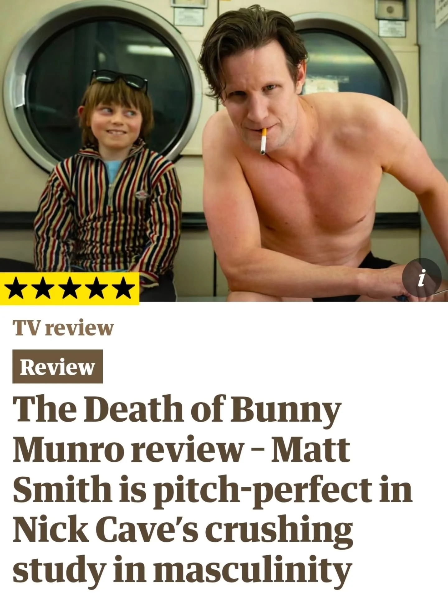 Great reviews are rolling in for The Death of Bunny Munro, which premiered in the UK this week. ⭐️⭐️⭐️⭐️⭐️

Nick Cave&rsquo;s dark, tender and unsettling novel finds new life in this riveting screen adaptation, with Matt Smith delivering a performanc