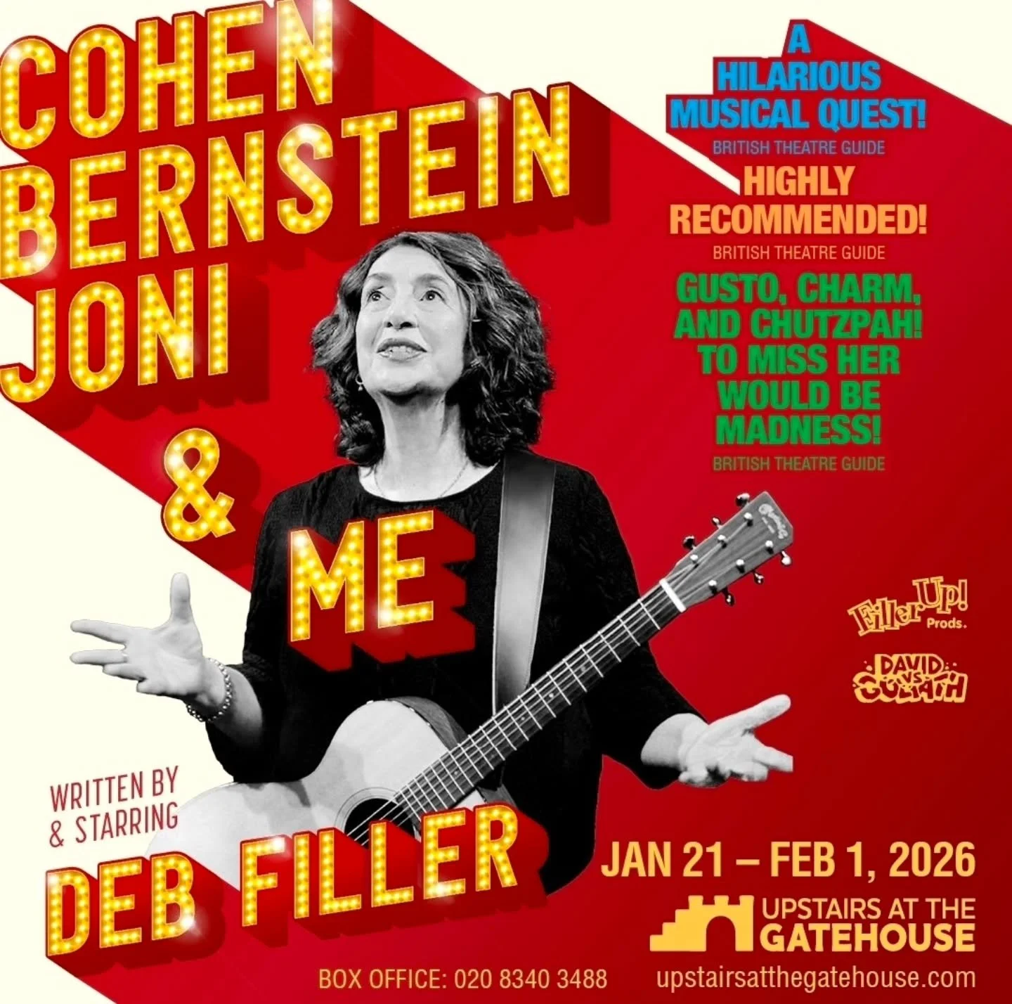 One woman. Three legends. A lifetime of music and stories.

New Zealand actor, singer and songwriter Deb Filler brings her acclaimed solo show Cohen, Bernstein, Joni &amp; Me to London for its first full run at Upstairs at the Gatehouse in January.

