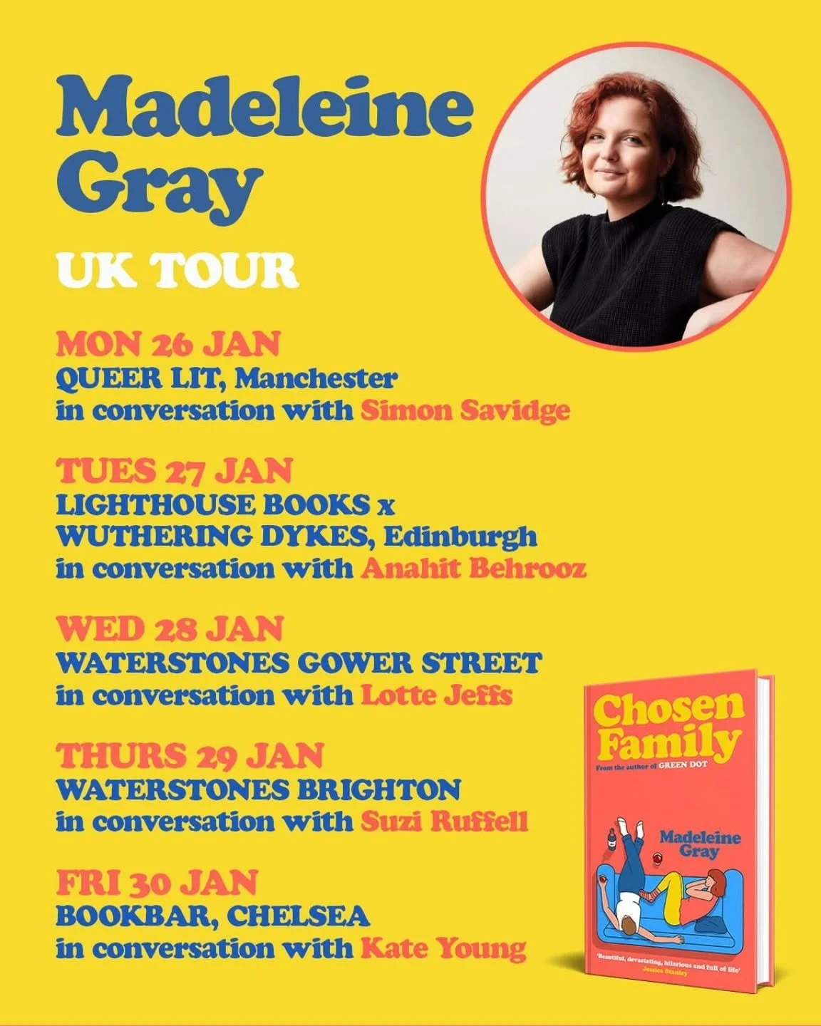 Australian author Madeleine Gray is touring the UK this month to talk about her brilliant new book, Chosen Family! 📖 

A richly told story of friendship, identity and the bonds that shape our lives. 

🔗 Tickets via link in @madeleine_gray_ bio 

#b