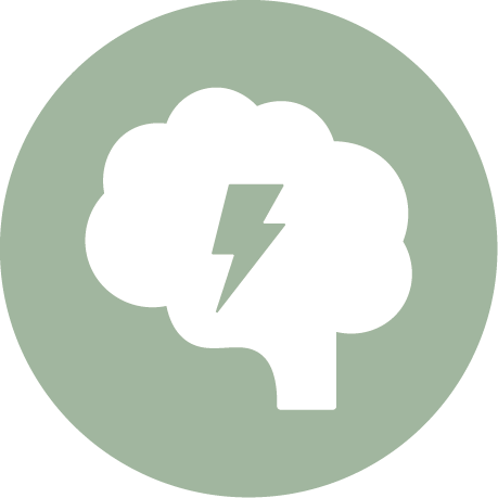 Icono de un cerebro con un rayo en el centro, de color gris y fondo verde claro.