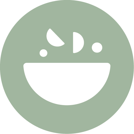 Icono de un tazón con ingredientes flotando, en fondo verde.