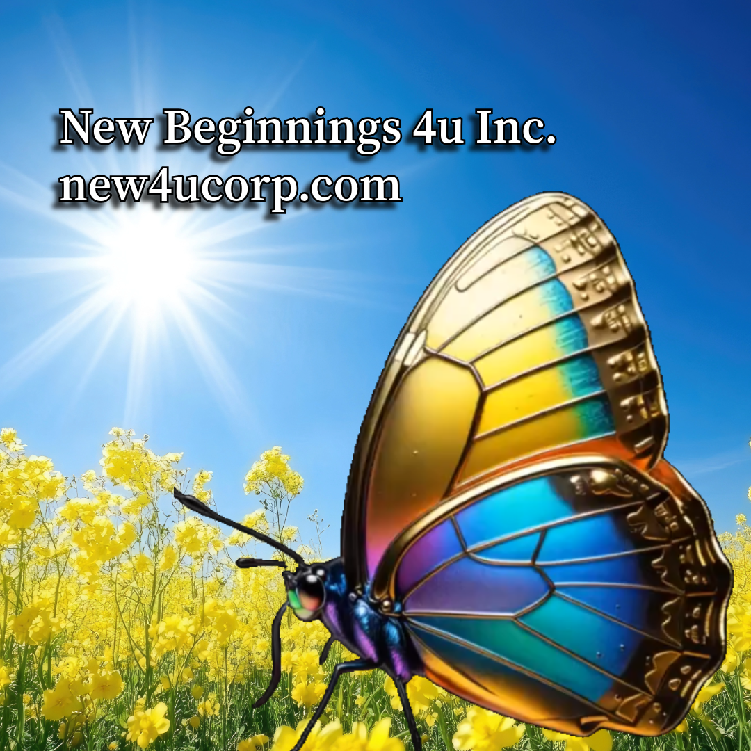 A colorful butterfly with rainbow-colored wings flying over a field of yellow flowers under a blue sky with the sun shining brightly. Text overlay reading 'New Beginnings 4u Inc.' and 'new4ucorp.com'.