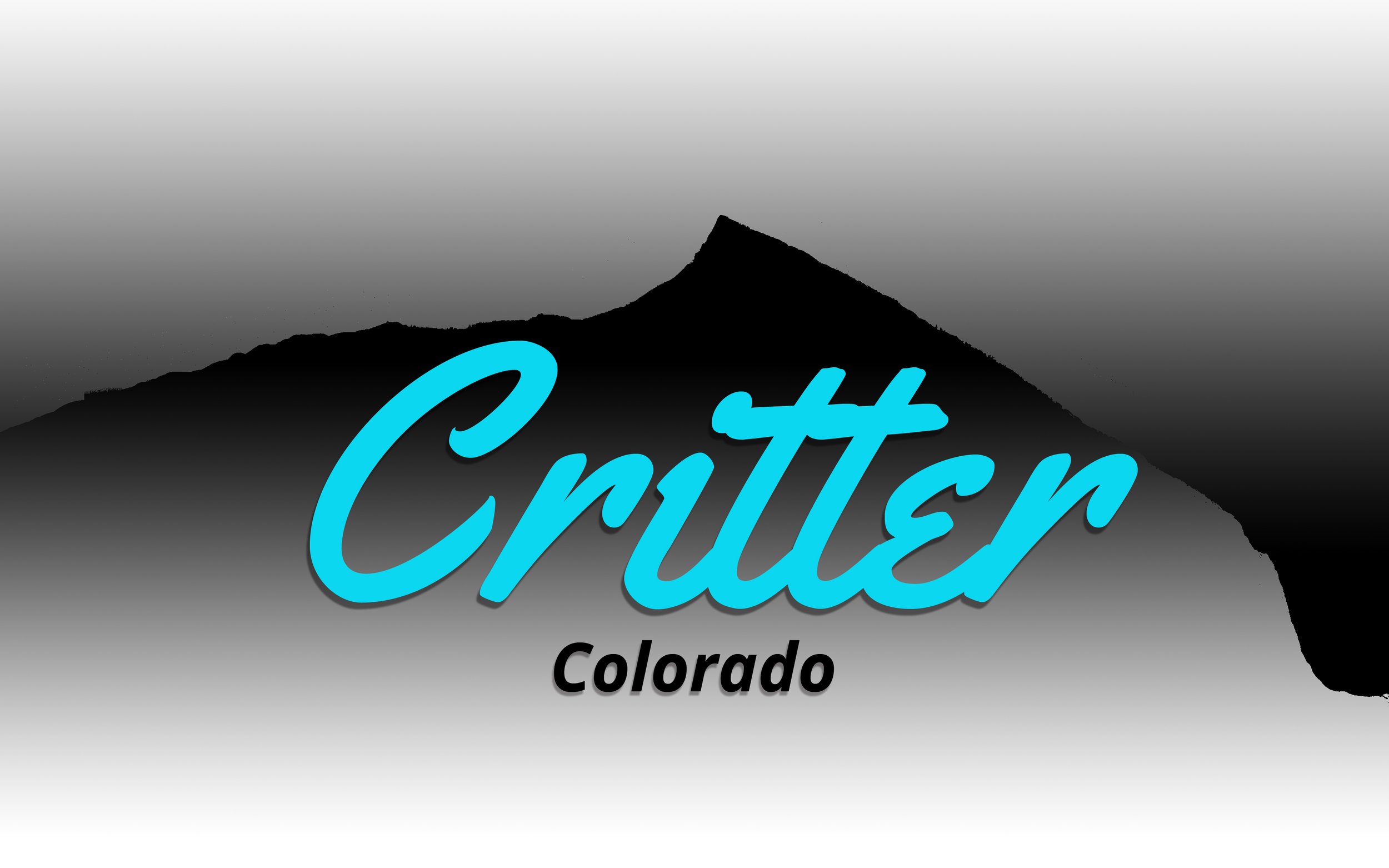 Silhouette of a mountain with a gradient background, overlaid with the word 'Critter' in large blue script font and 'Colorado' in smaller black font.