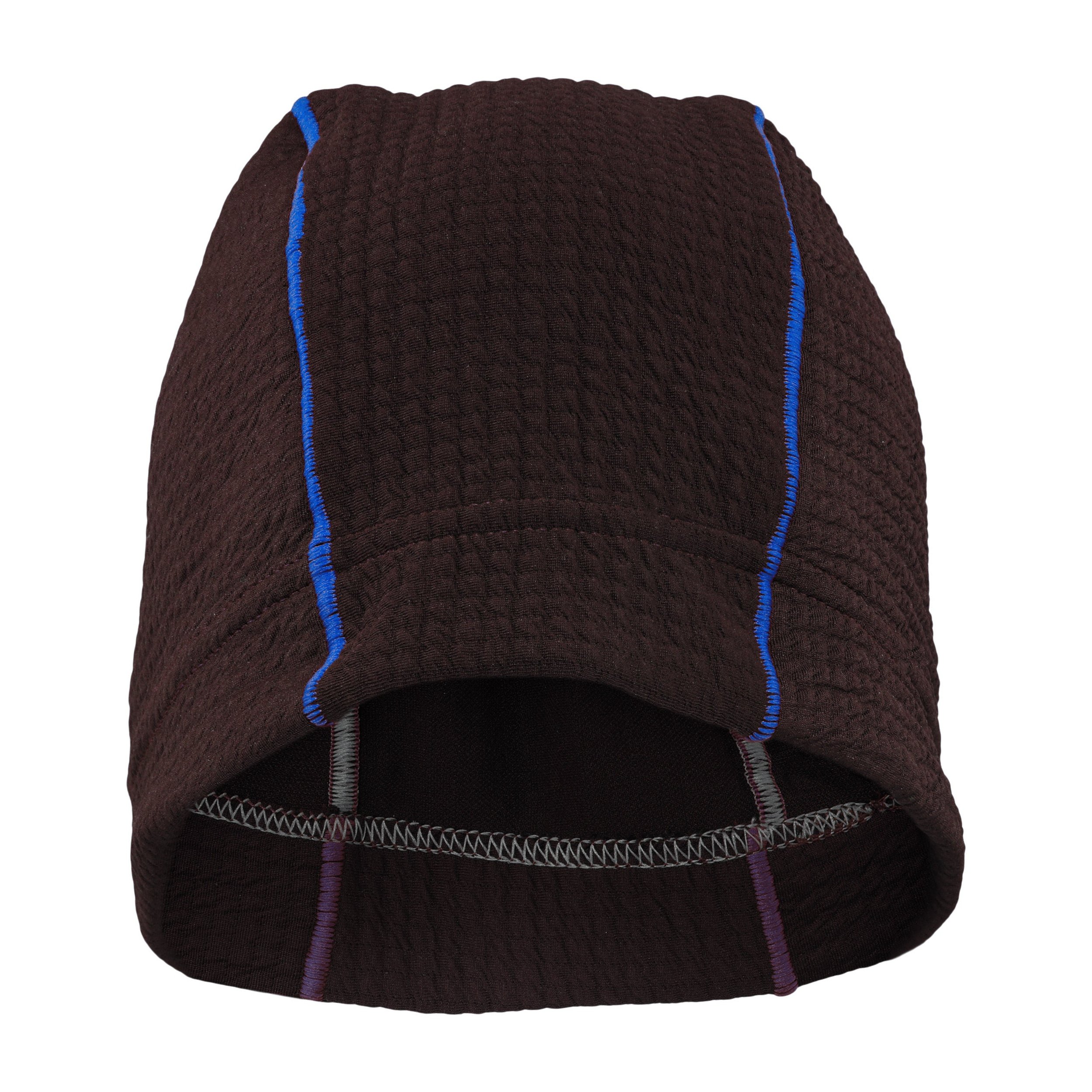 A black Polartec beanie with blue trim.