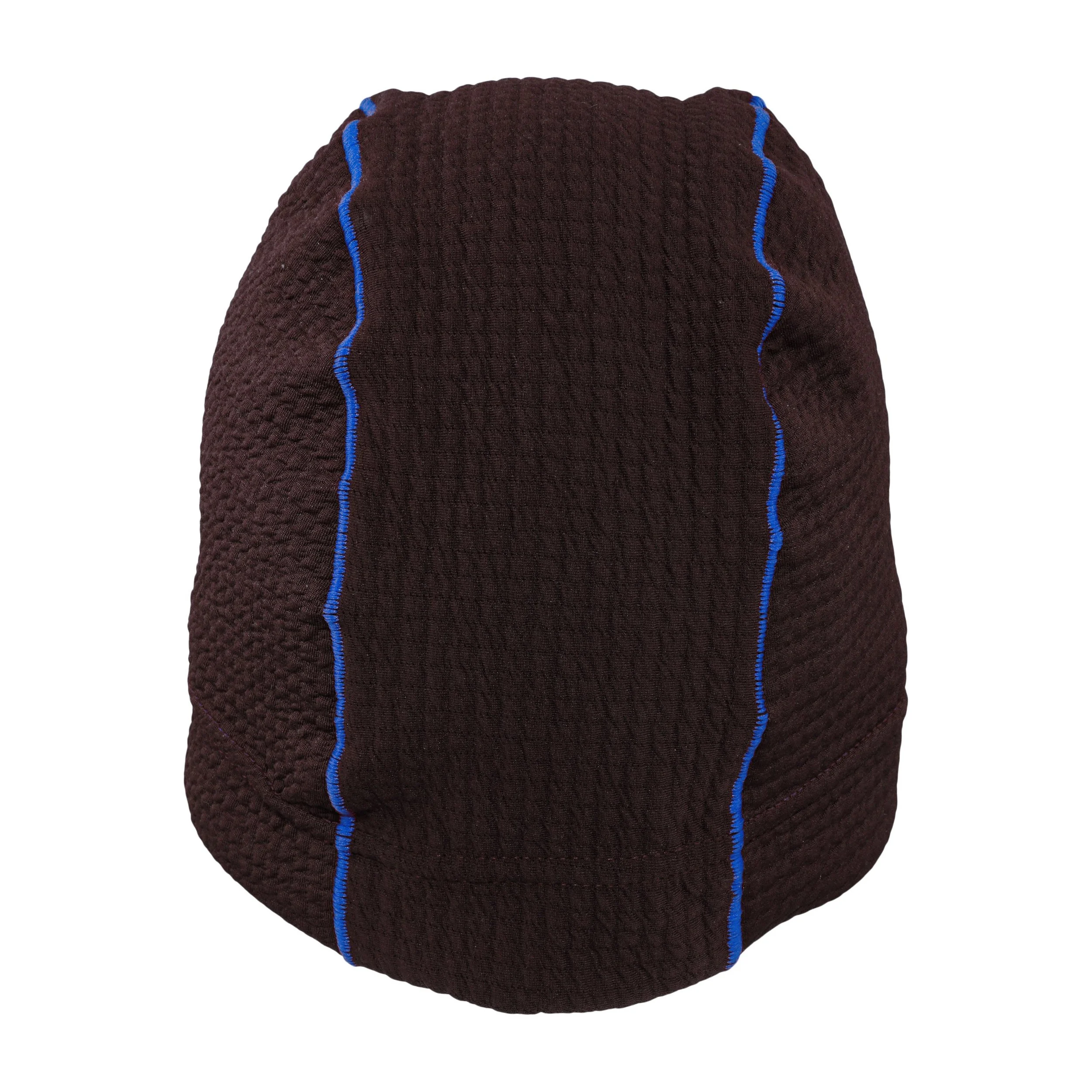 A black Polartec fleece beanie with a blue trim around the edge.