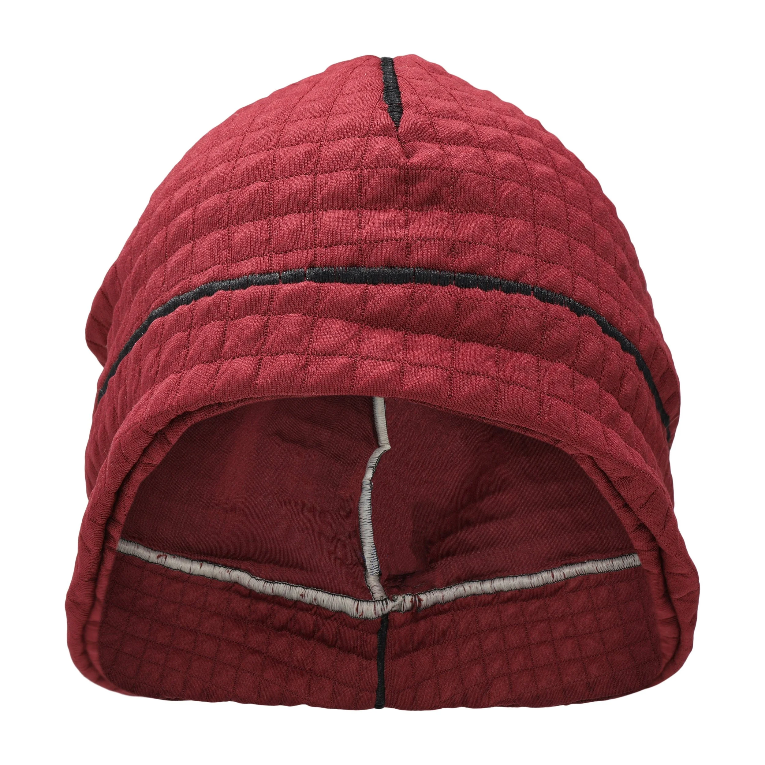 A red quilted hooded beanie with a black trim and a white trim around the bottom edge.