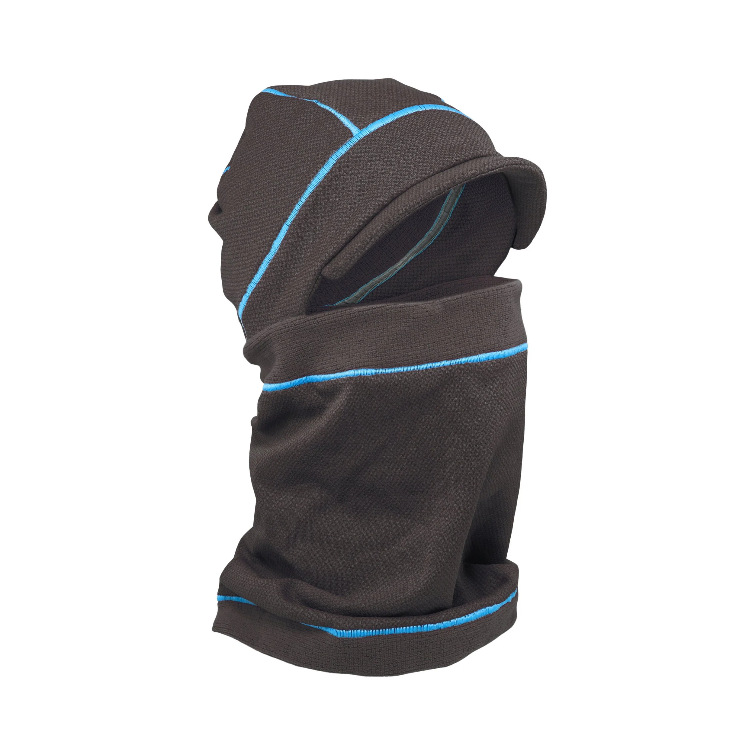A black balaclava with a blue trim. The balaclava has a fold-down hat with a brim.