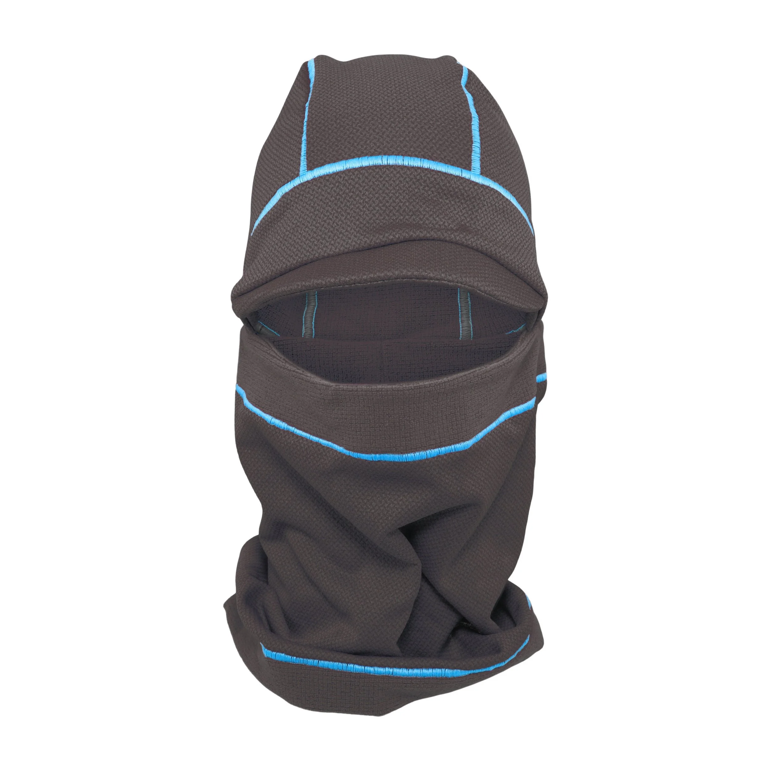 A black balaclava with blue trim. The balaclava has a fold-down flap that covers the top of the head and the face. The balaclava is made of a soft, stretchy fabric.