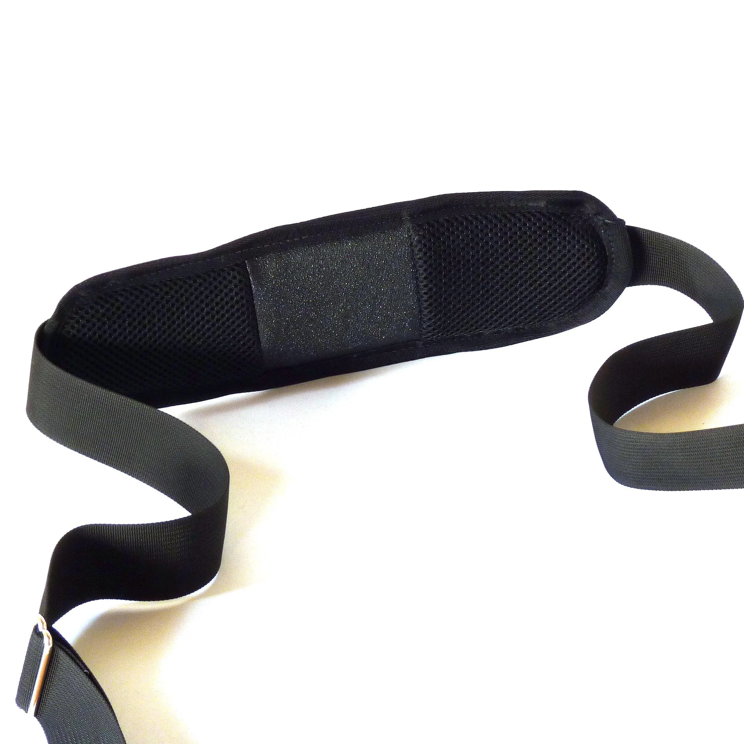 Black padded shoulder strap with breathable mesh and adjustable length.