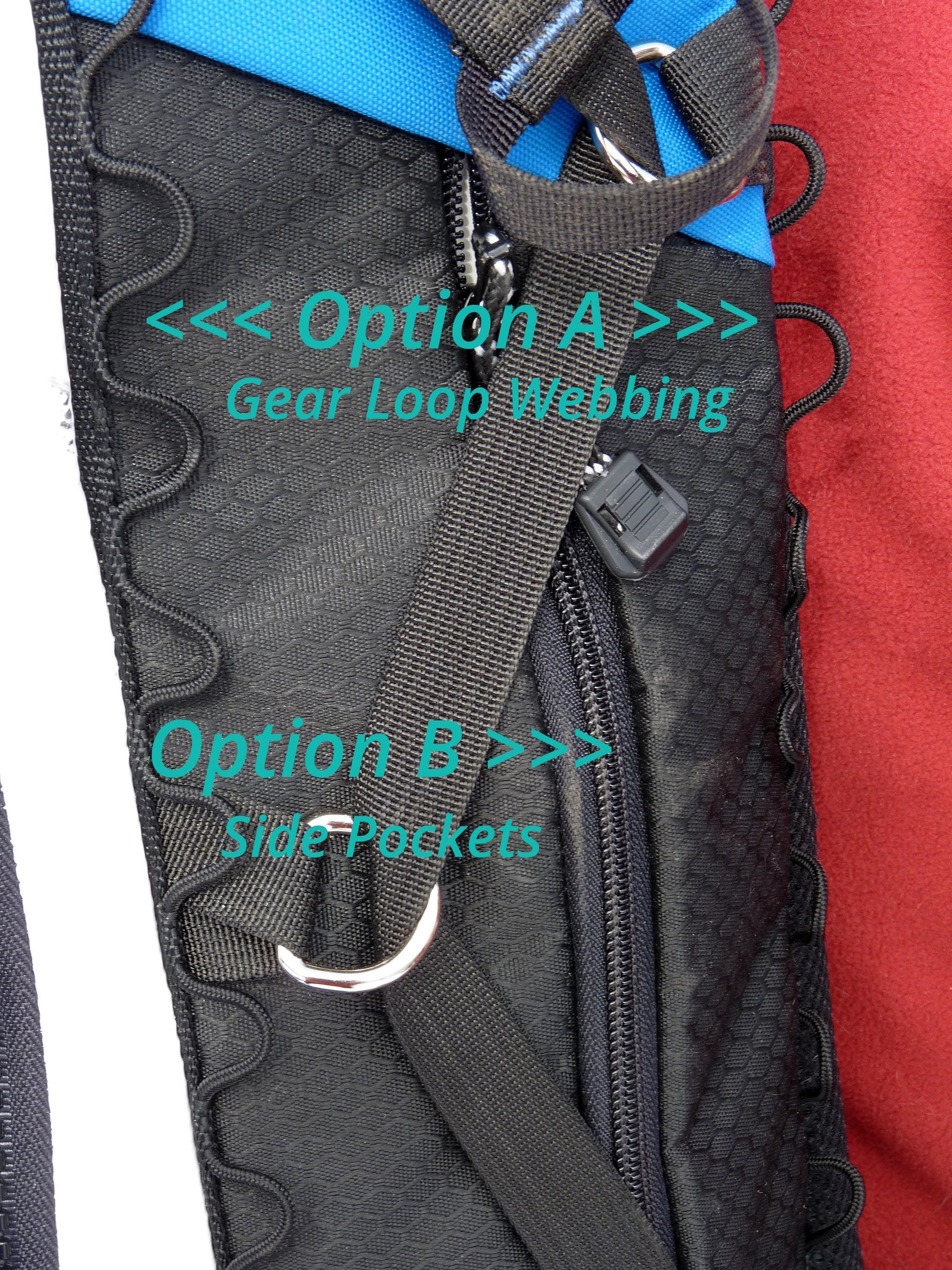 Backpack options. Option A is for extra gear loop webbing. Option B is for side pockets.