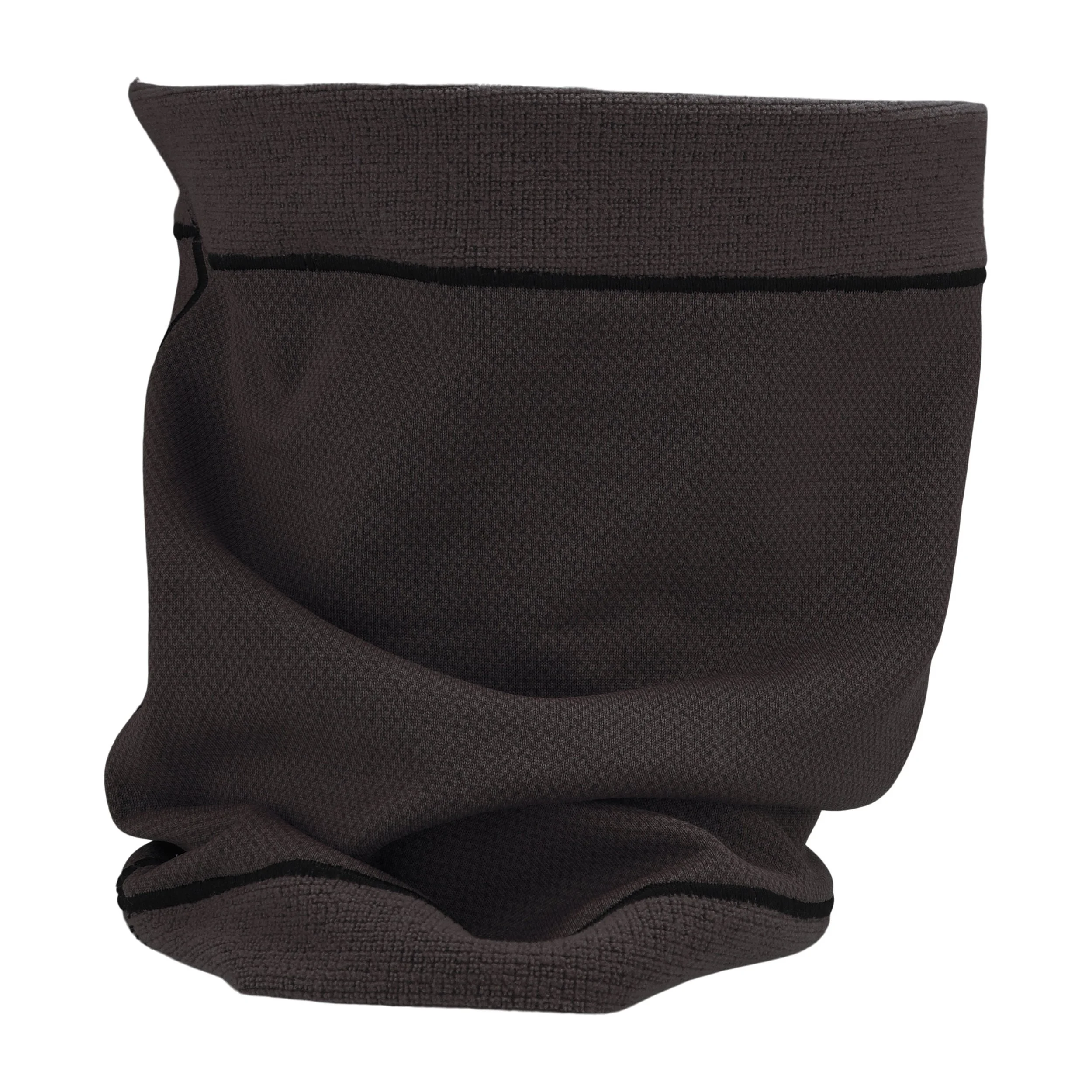 A black neck gaiter with black stitching. The neck gaiter is made of a soft, stretchy fabric and is designed to be worn around the neck for warmth and protection from the elements.