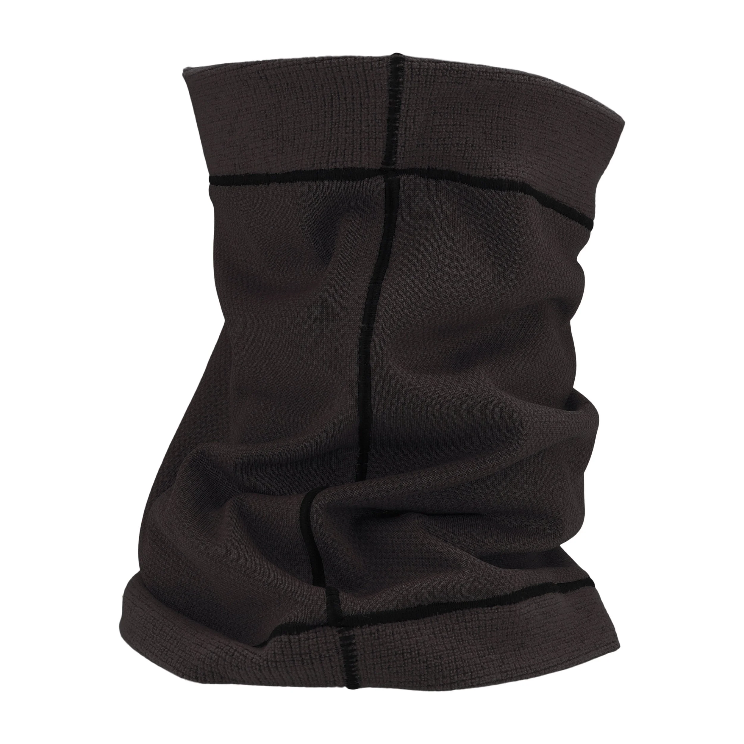 A black neck gaiter with black stitching. The gaiter is made of a soft, breathable fabric and is designed to be worn around the neck for warmth and protection from the elements.