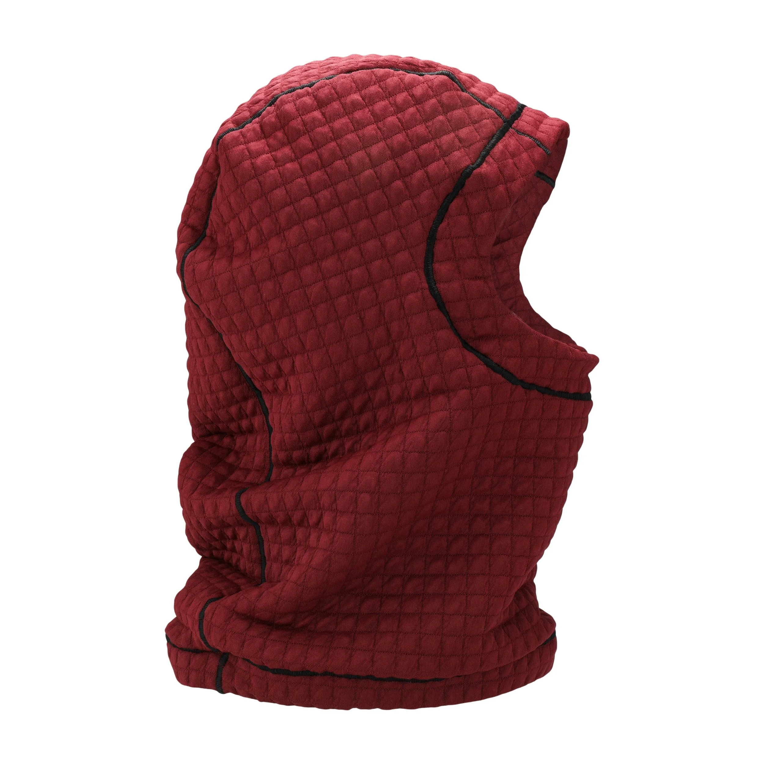 A red Polartec balaclava with black trim. The balaclava is made of a soft, warm fabric and has a close fit. It is designed to cover the head and neck, leaving only the face exposed.