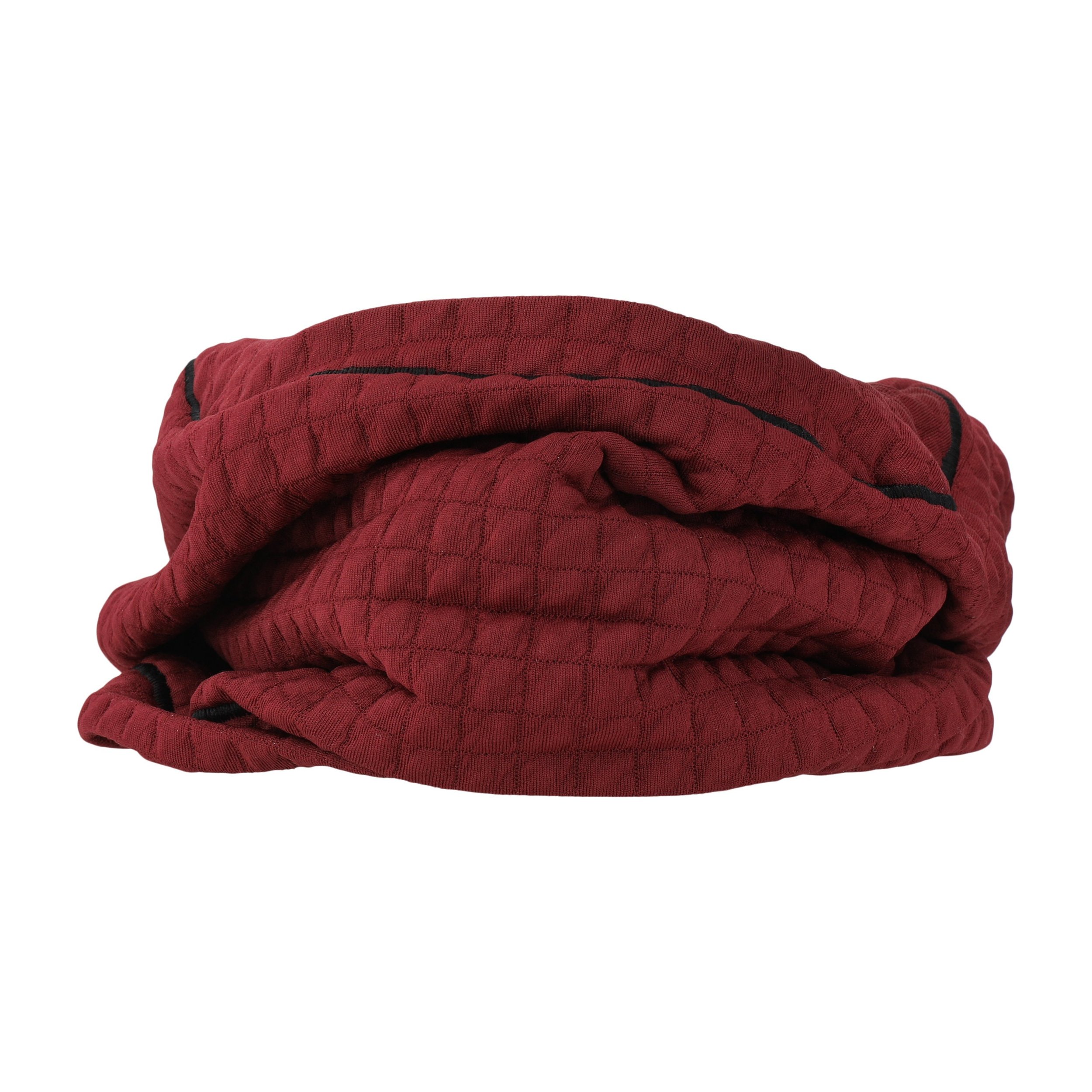 A red quilted Polartec neck warmer with black trim. The neck warmer is folded and displayed on a white background.