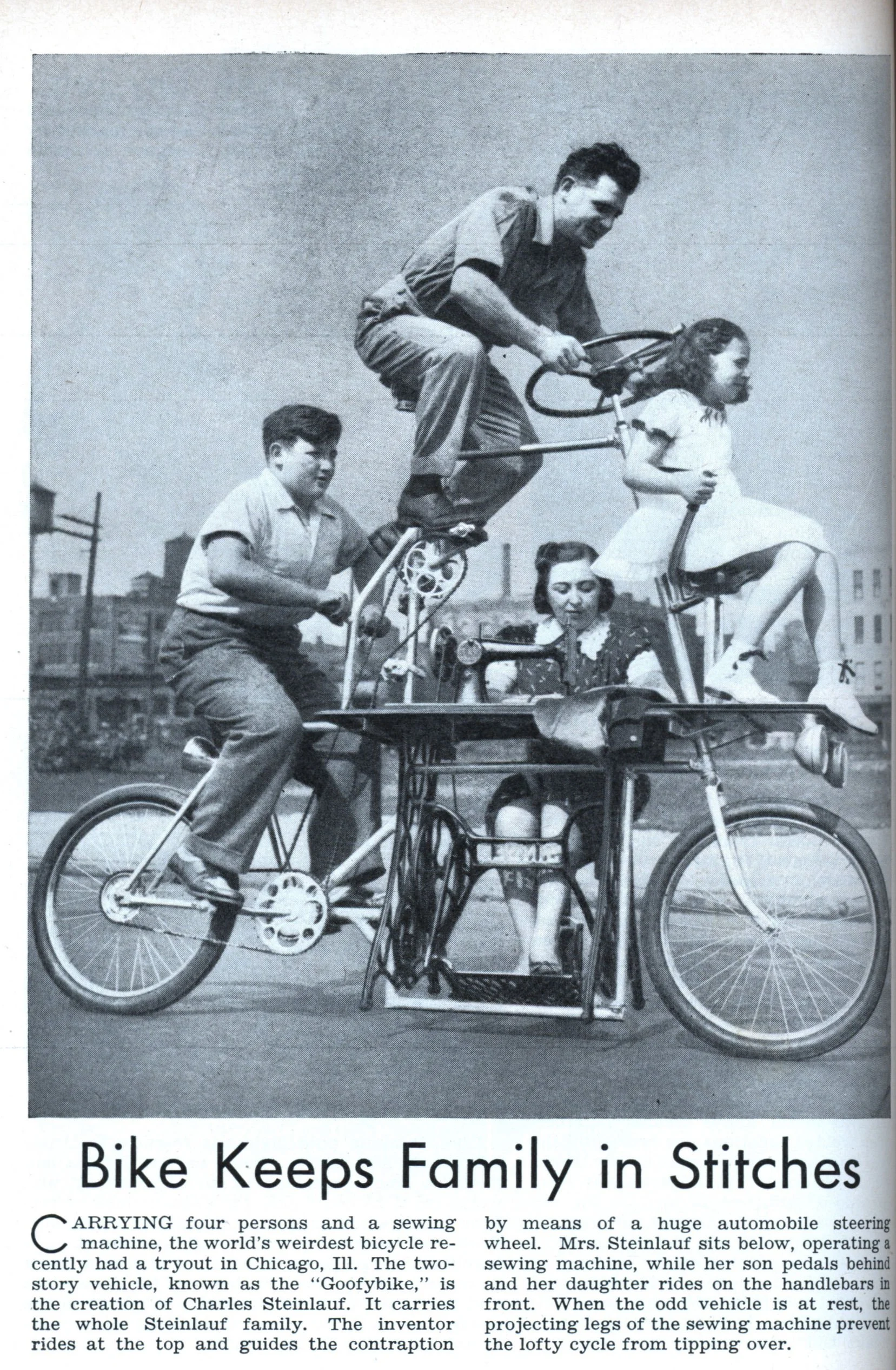 A vintage black-and-white photograph of a family on a unique bicycle with a sewing machine in the center. Four family members are riding: a man on top, a girl on the handlebars, a boy pedaling, and a woman sitting on the seat with the sewing machine.