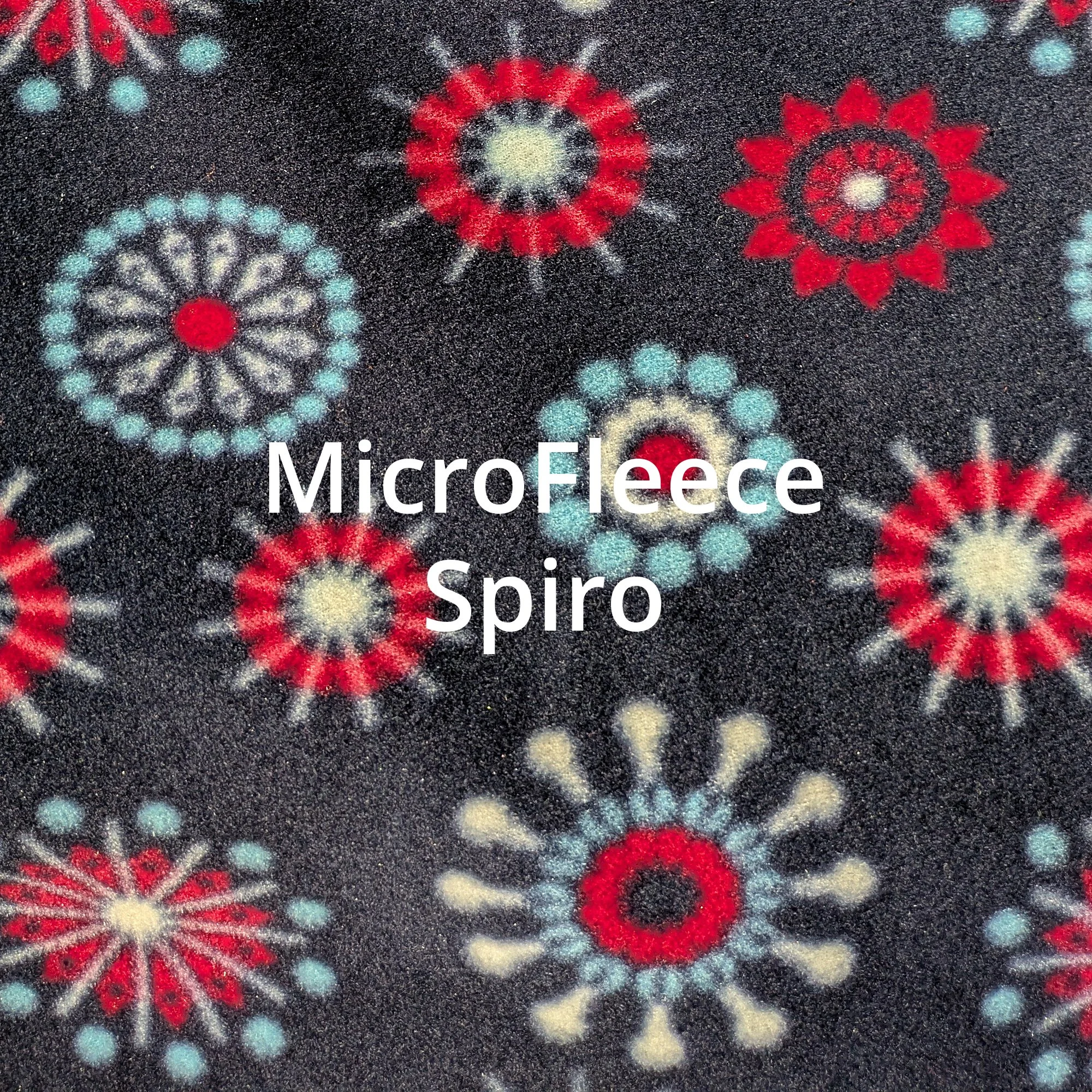 A swatch of printed material with red, light blue and light tan and the words Micro Fleece Spiro in the center.