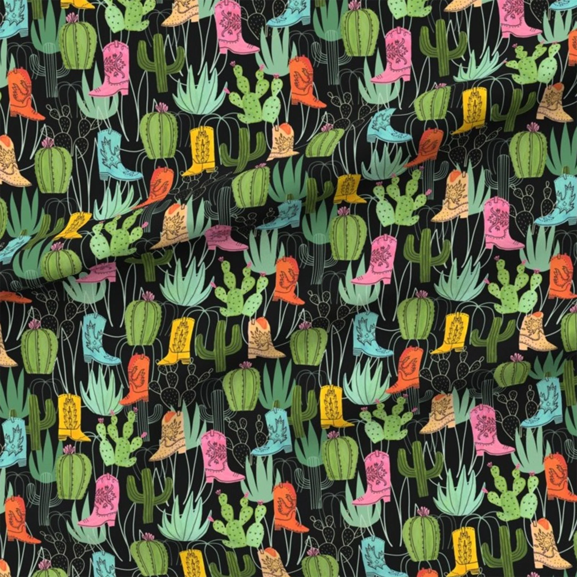 A multi-color print on a black background with cactus and cowboy boots.