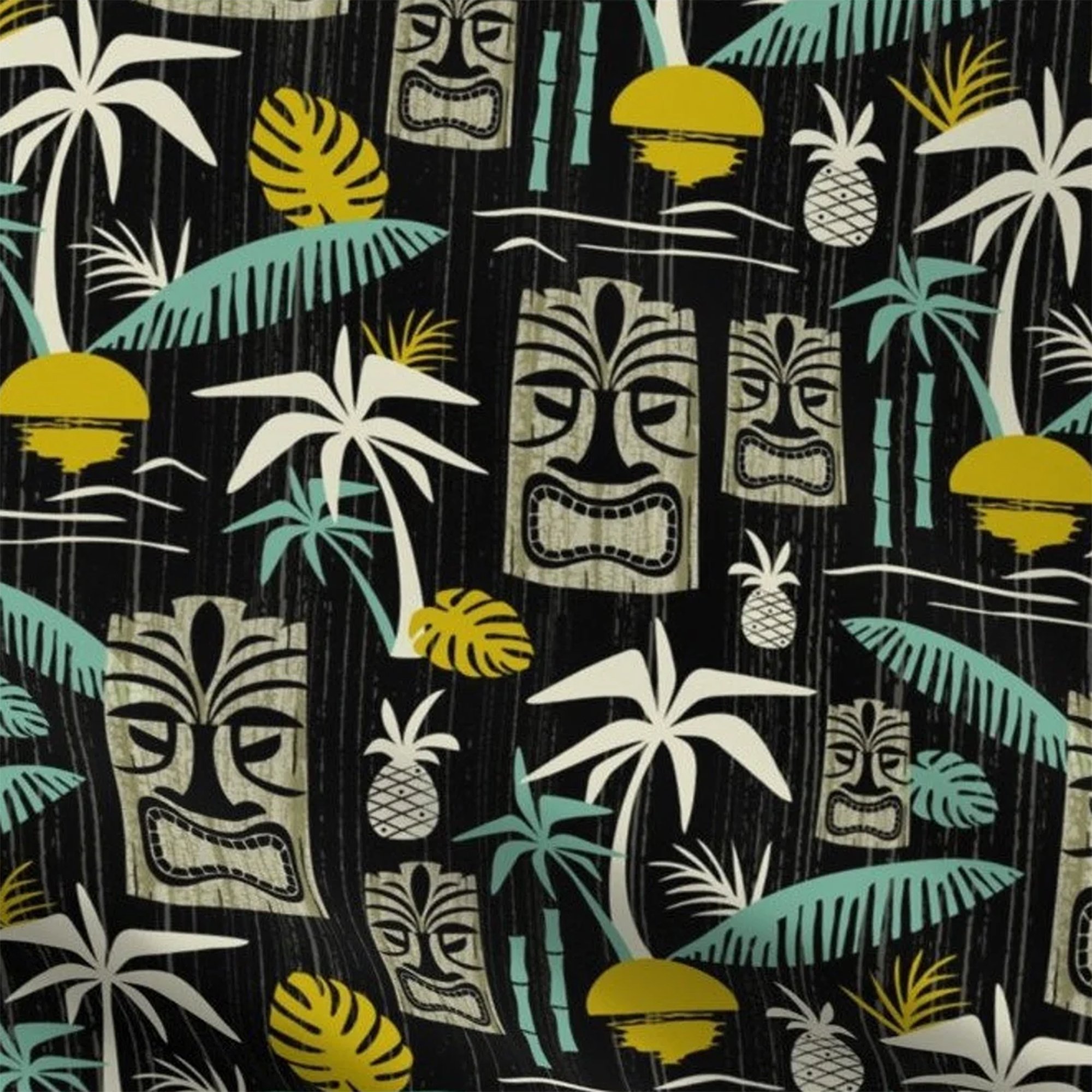 A black recycled print fabric with cartoons of Tiki masks, and palm trees and leafs. The fabric is used on the front of the messenger bags.