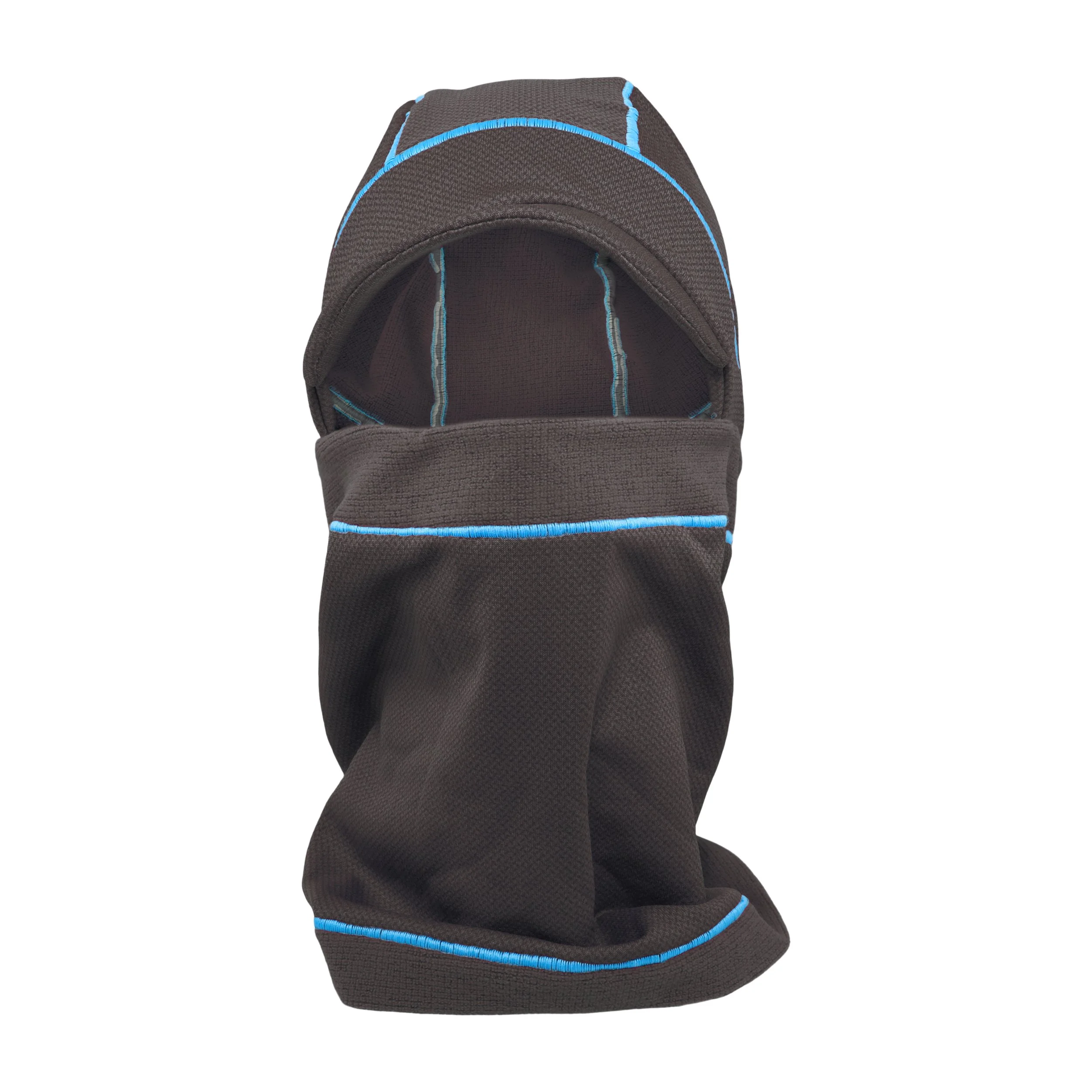 A black balaclava with blue trim. The balaclava has a hole for the eyes and nose. The balaclava is made of a soft, stretchy fabric.