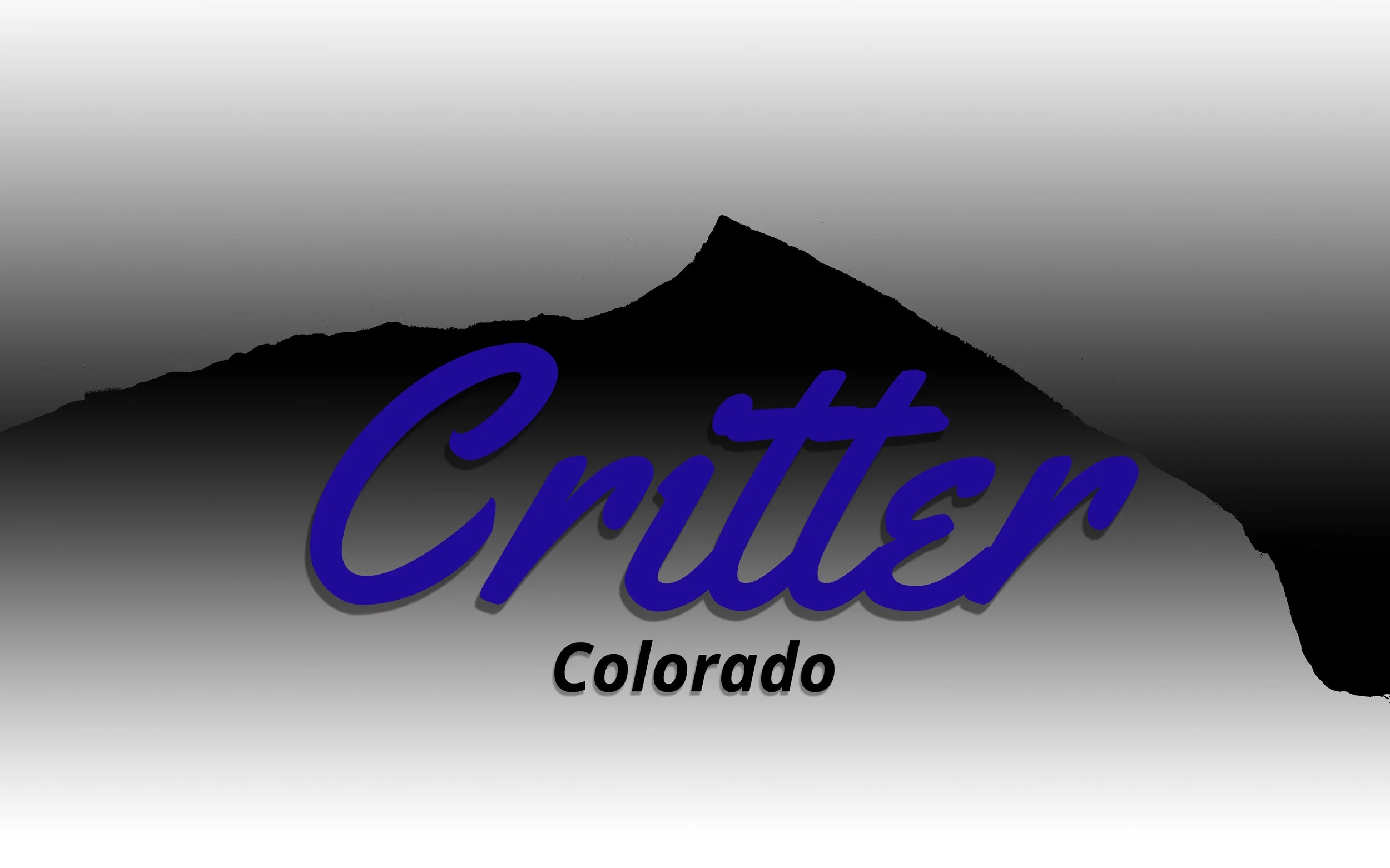 Black silhouette of a mountain behind the word 'Critter' in bold blue cursive text and 'Colorado' in smaller black text at the bottom against a gradient background.