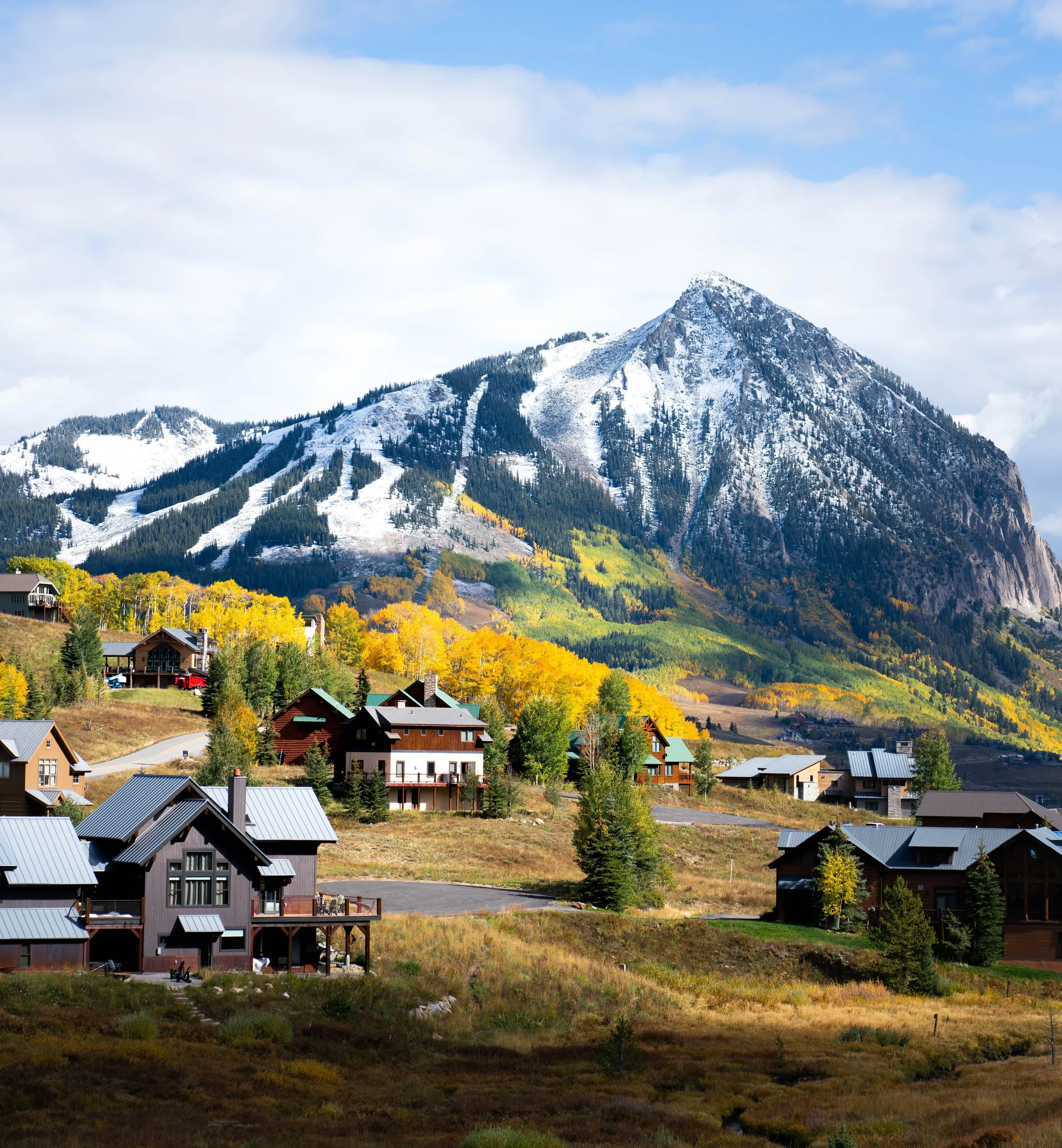 Mountain with snow and green foliage overlooking a small residential community with houses and trees.