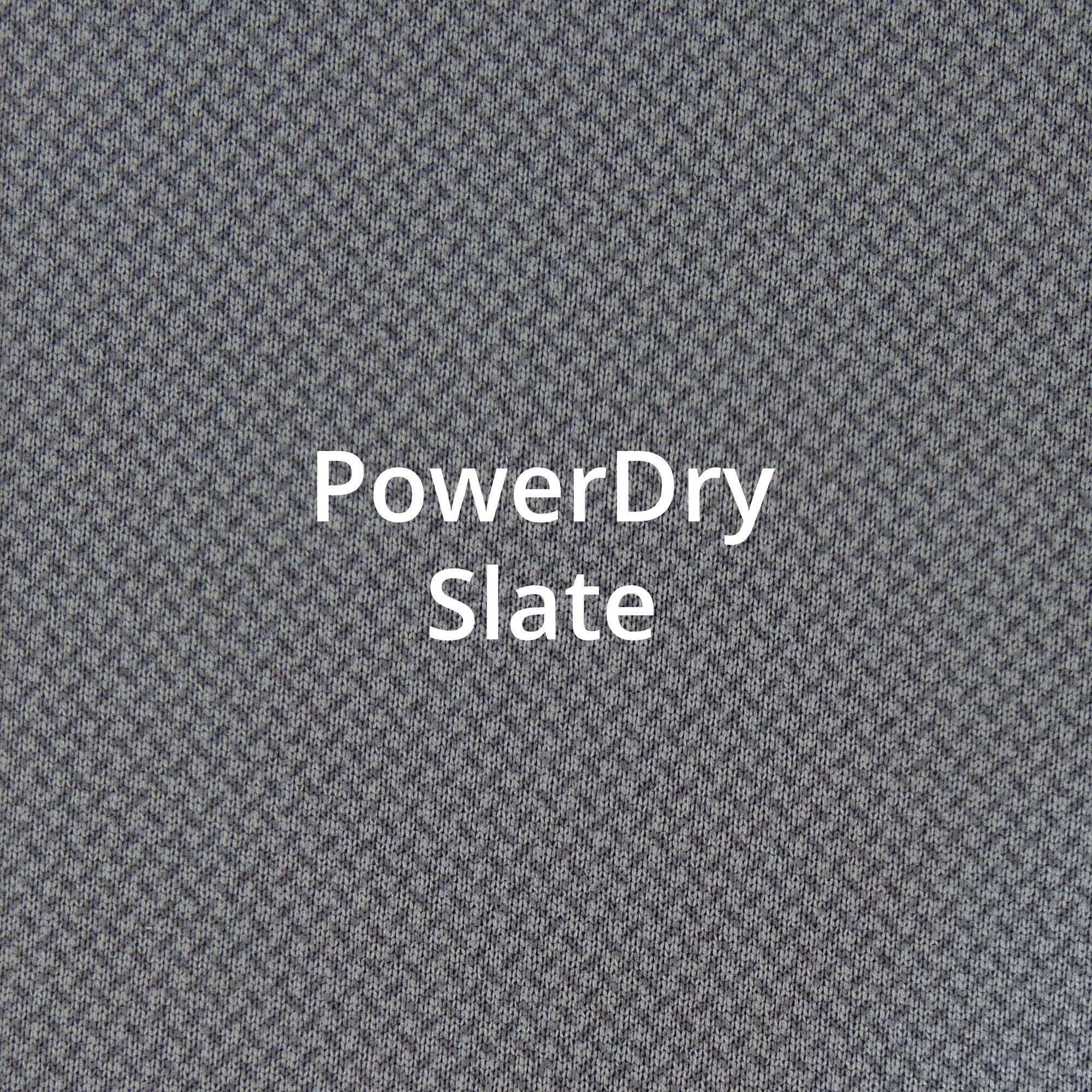 A swatch of grey material with the words Power Dry Slate in the center.
