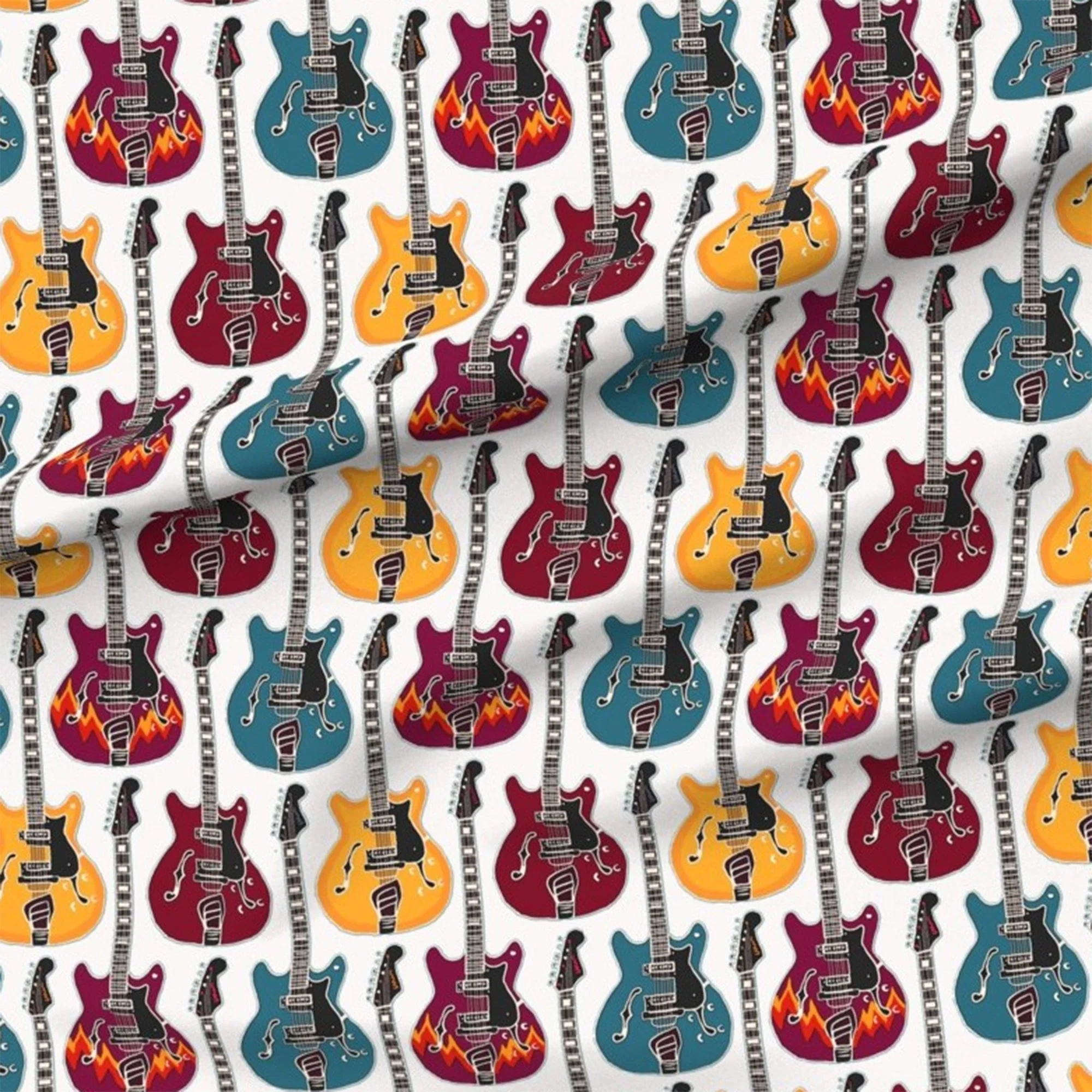 A multi-color print on a white background with dark red, teal blue and yellow rockabilly guitars.