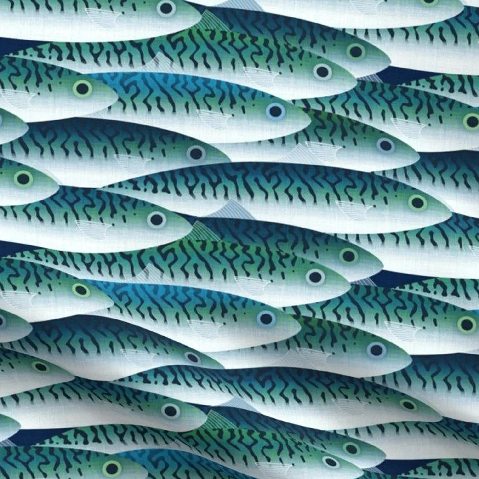 A recycled print fabric featuring a teal and blue fish pattern.  The fabric is used on the front of the messenger bags.