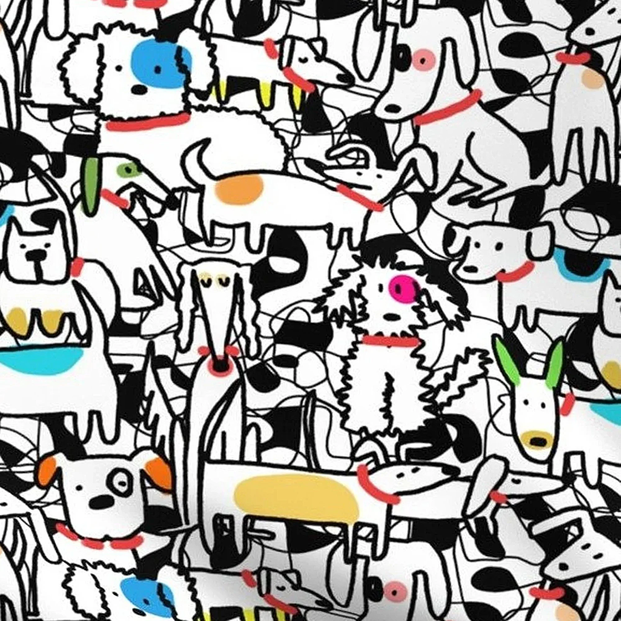 A recycled print fabric in white featuring a cartoon of dogs having a party.  The fabric is used on the front of the messenger bags.