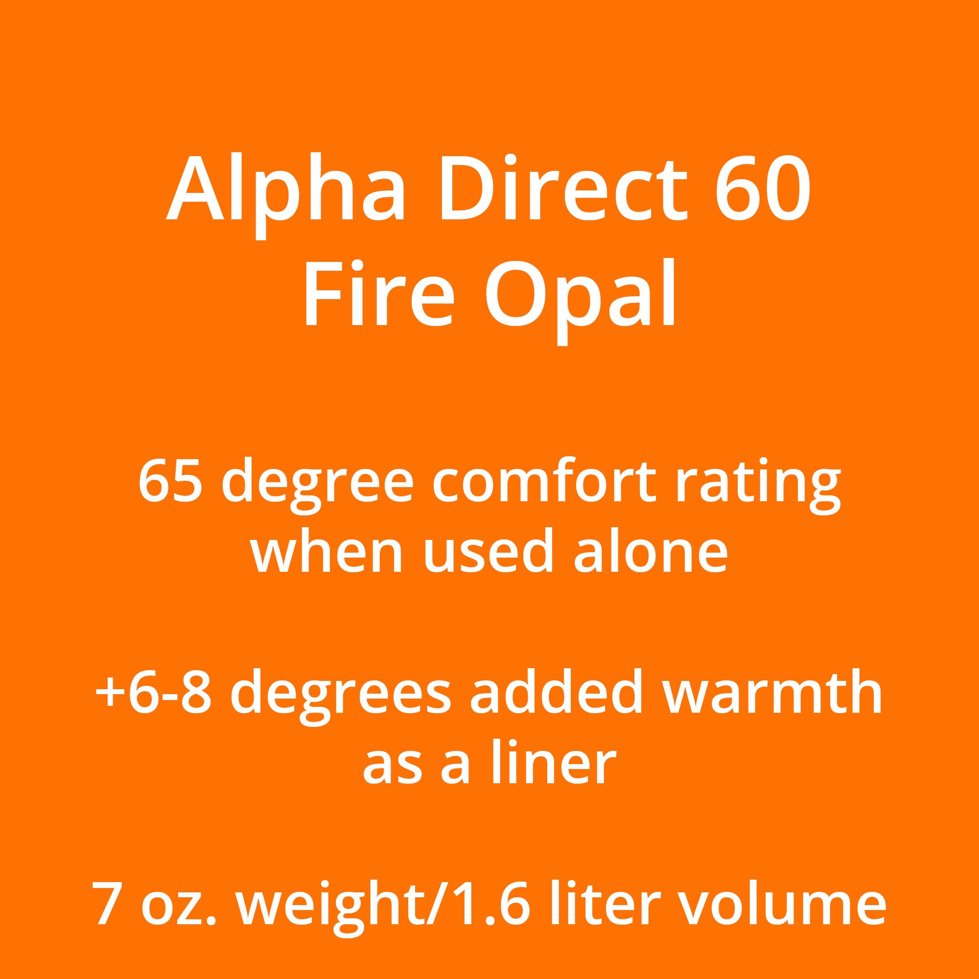 A chart on a orange fabric explaining this liner is good to 65 degrees alone, adds 6-8 degrees as a liner and weighs 7 ozs.