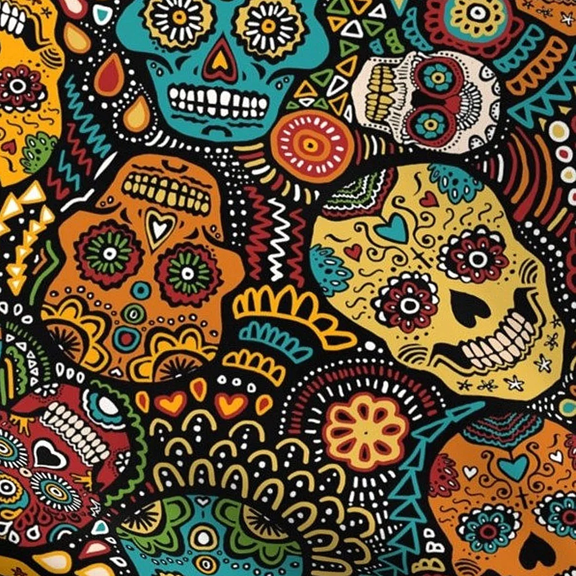 A recycled print fabric with multi-color Mexican Sugar Skulls pattern.  The fabric is used on the front of the messenger bags.