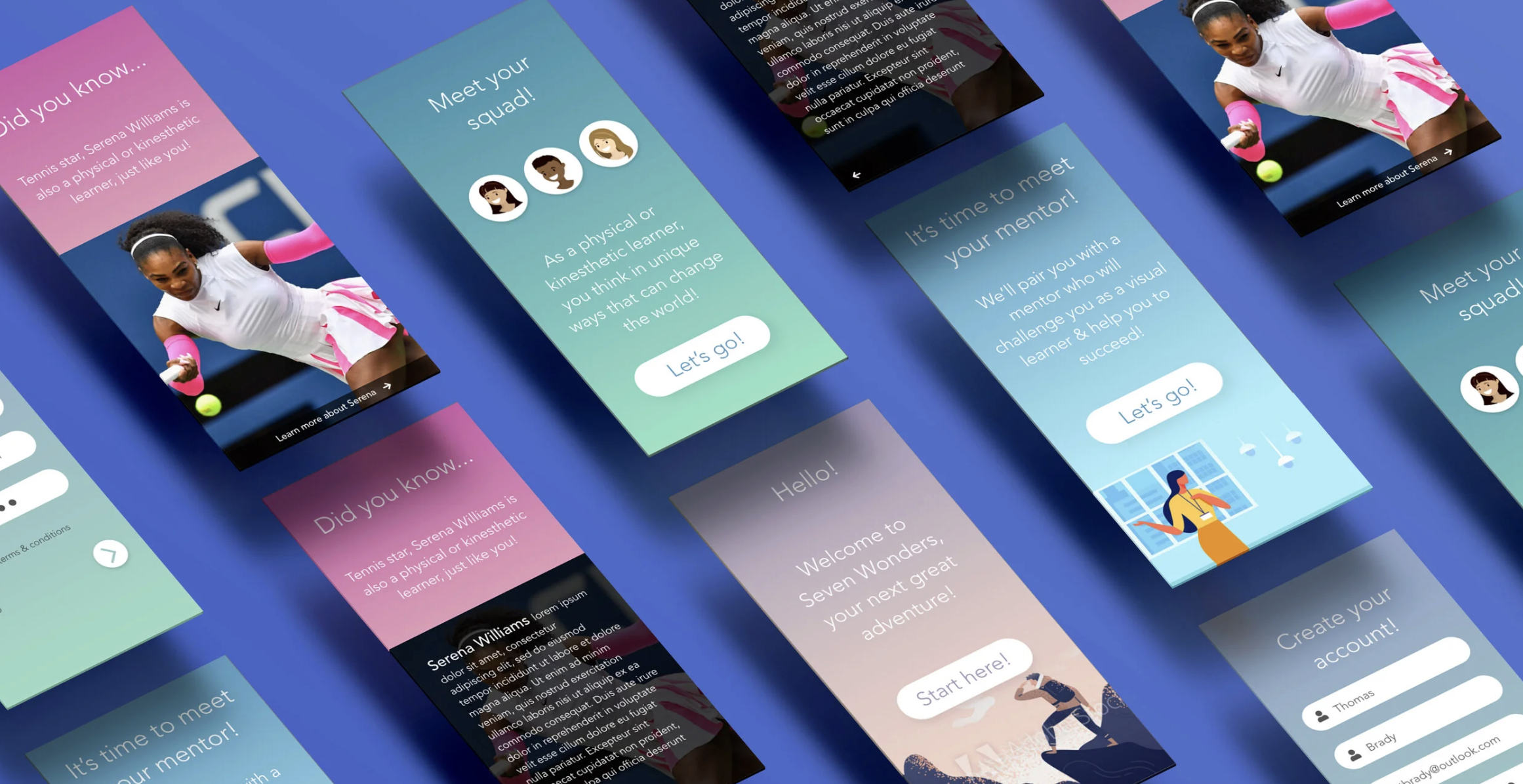 Multiple app screens with colorful backgrounds, text explaining features or features of a program, images of a female tennis player, and simple icons for navigation and profile.