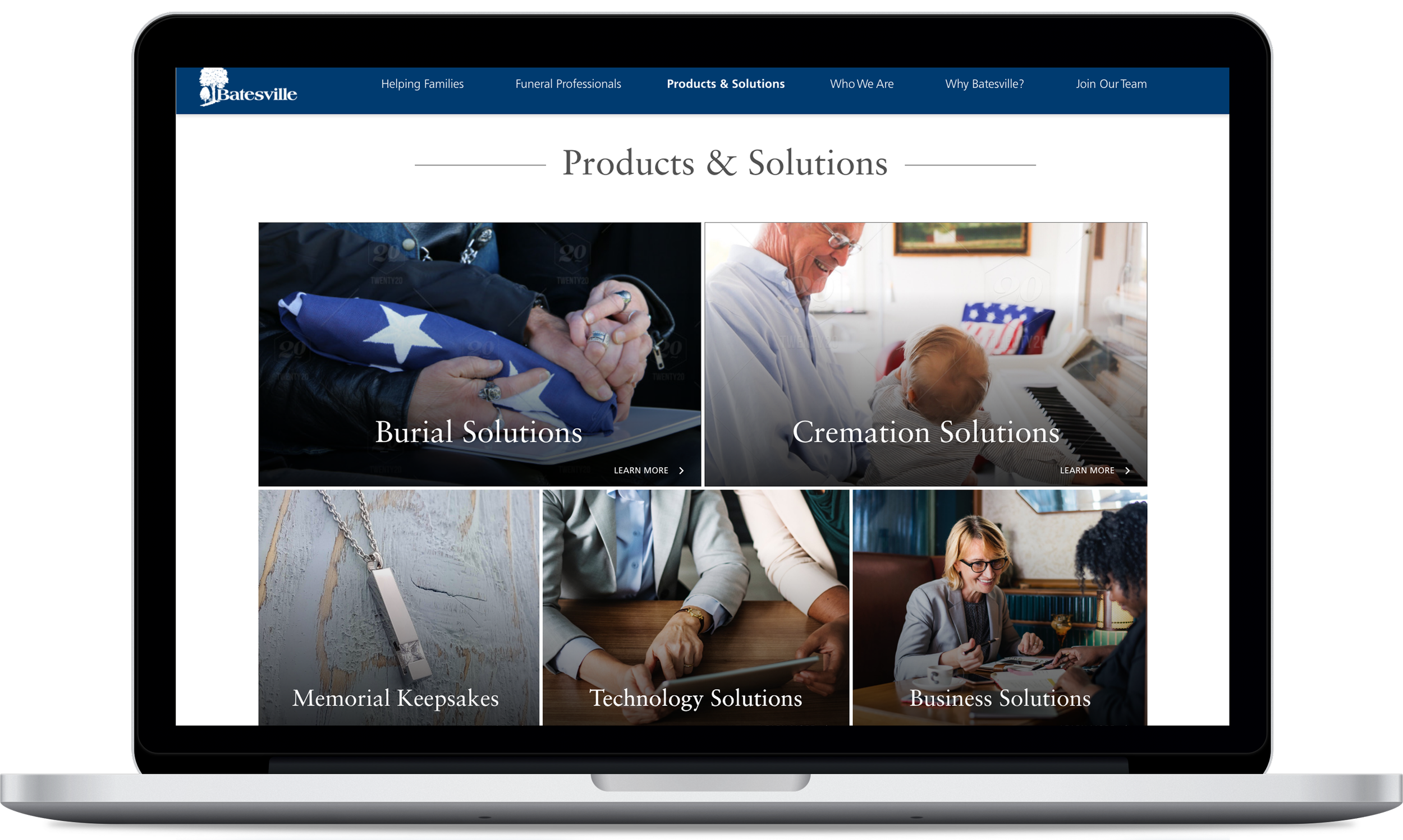 Screenshot of a webpage titled 'Products & Solutions' with categories: Burial Solutions, Cremation Solutions, Memorial Keepsakes, Technology Solutions, Business Solutions, on a laptop screen. The page background is white with blue navigation bar at t