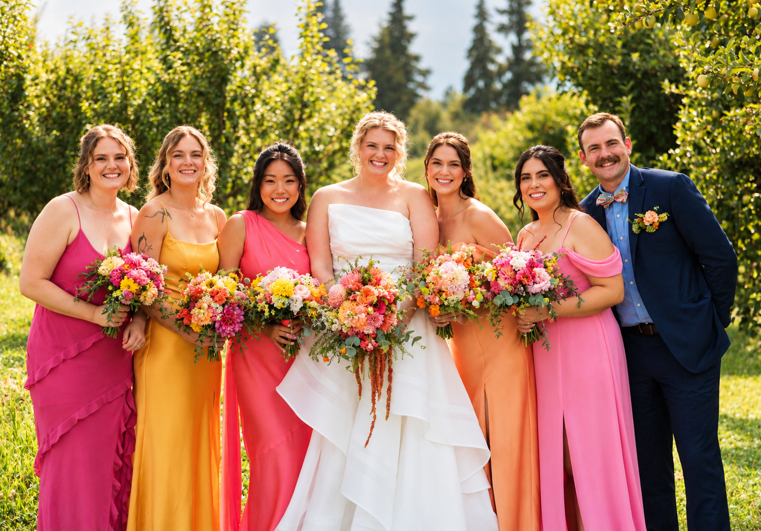 A group of seven people, six women and one man, at a wedding. The woman in the center is in a white wedding dress, holding a bouquet of pink, orange, and white flowers. The others are bridesmaids in colorful dresses, also holding similar bouquets. They are outdoors with green trees and foliage in the background, smiling at the camera.