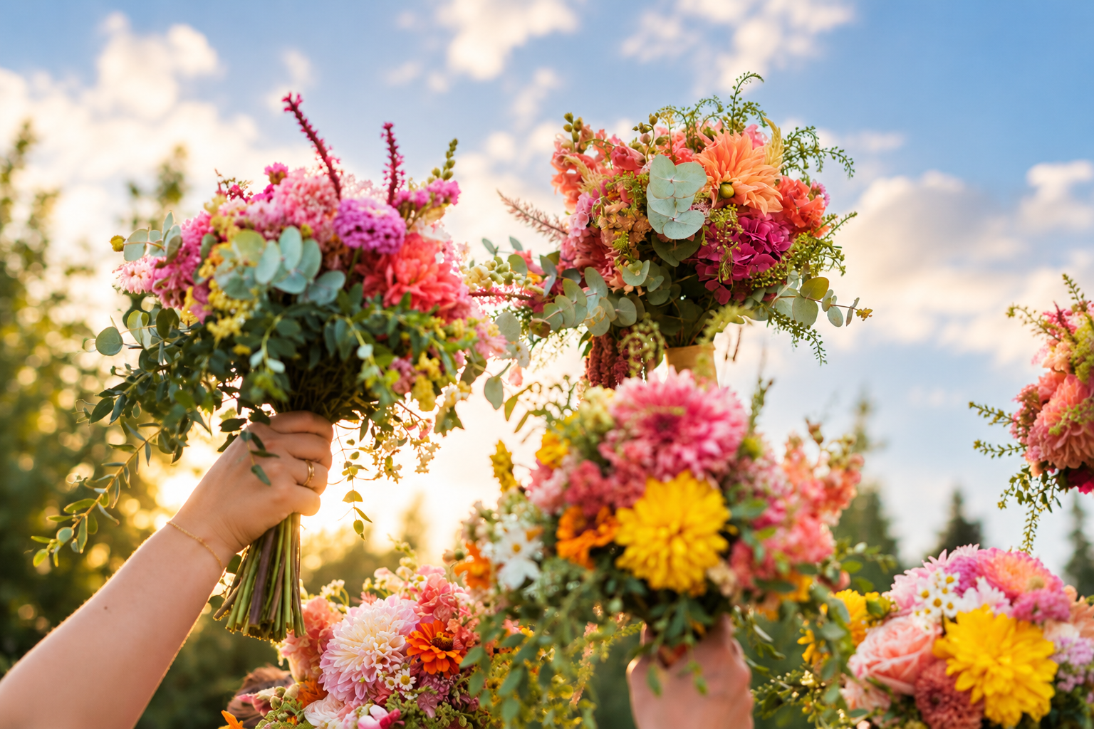 People holding vibrant bouquets of mixed flowers outdoors during sunset with a blue sky and clouds in the background.