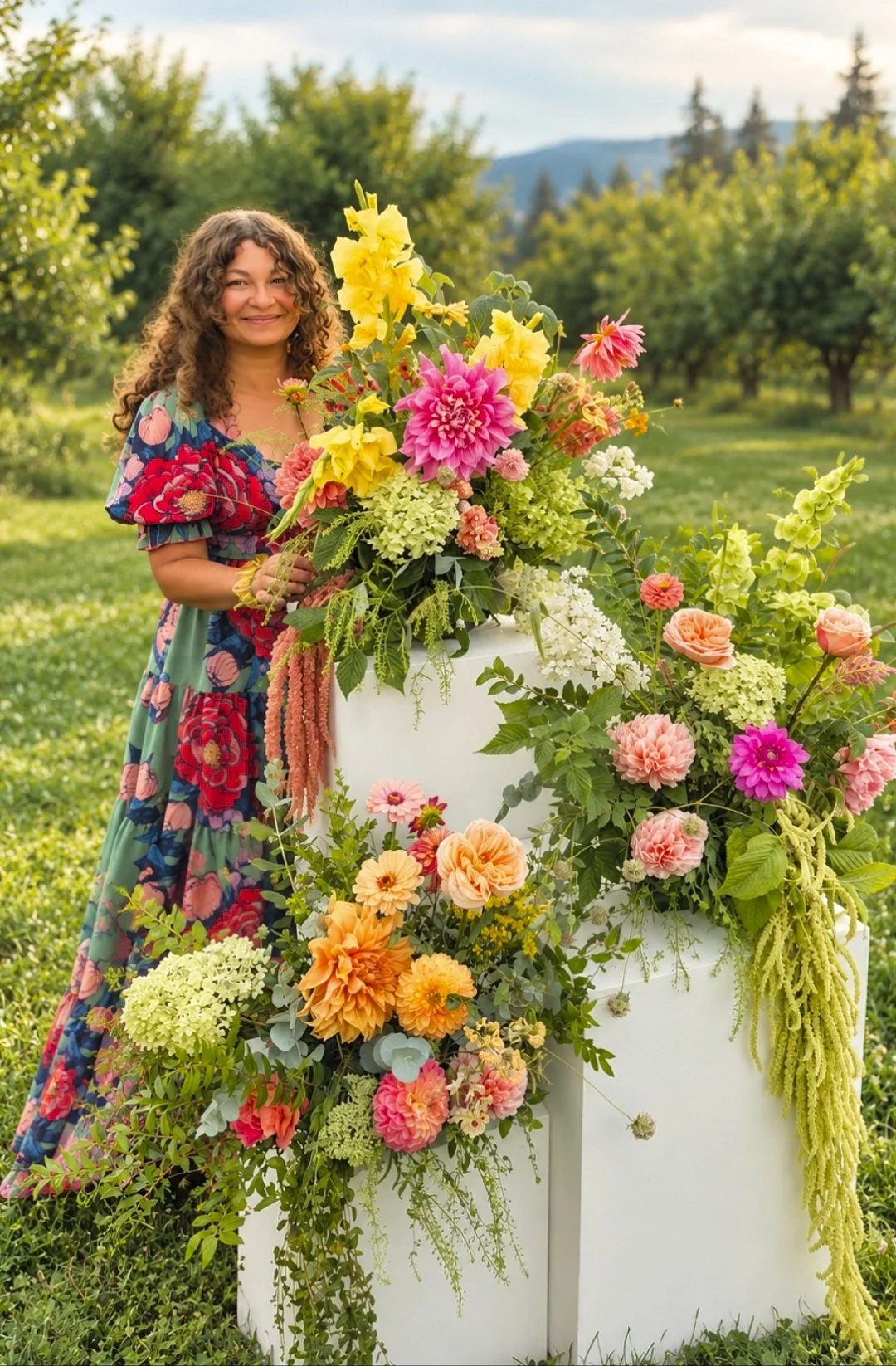Woman standing outdoors next to large display of colorful flowers, greenery, and trees in the background during daytime.