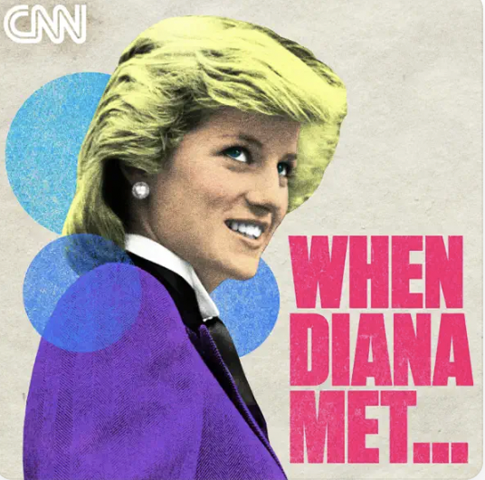 Illustration of Princess Diana with blonde hair, wearing a purple jacket, on a magazine cover with the headline 'When Diana Met...' in pink text, and a CNN logo in the top left corner.