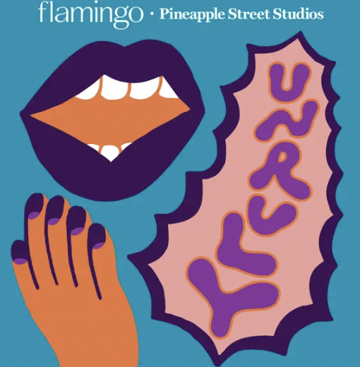 Pop art illustration featuring a woman's mouth with dark purple lips and white teeth, a hand with painted purple nails, and a pink speech bubble with purple text reading 'URGE'.