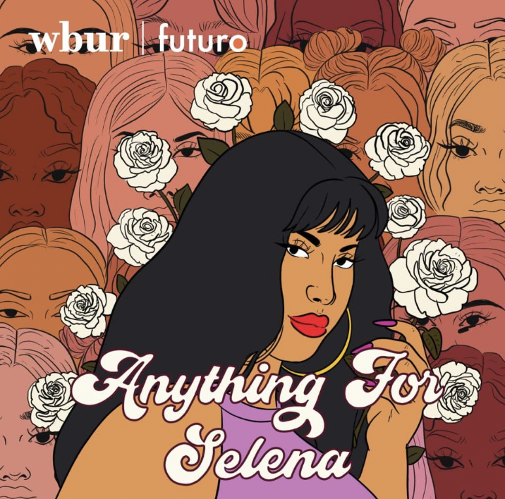 Illustration of a woman with long black hair, red lips, and earrings, surrounded by flowers and multiple faces of different women in the background. Text reads 'Anything For Selena'.
