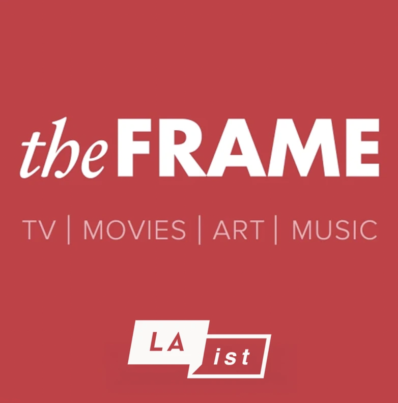 The logo for The Frame, a media platform featuring TV, movies, art, and music, with a red background and white text.